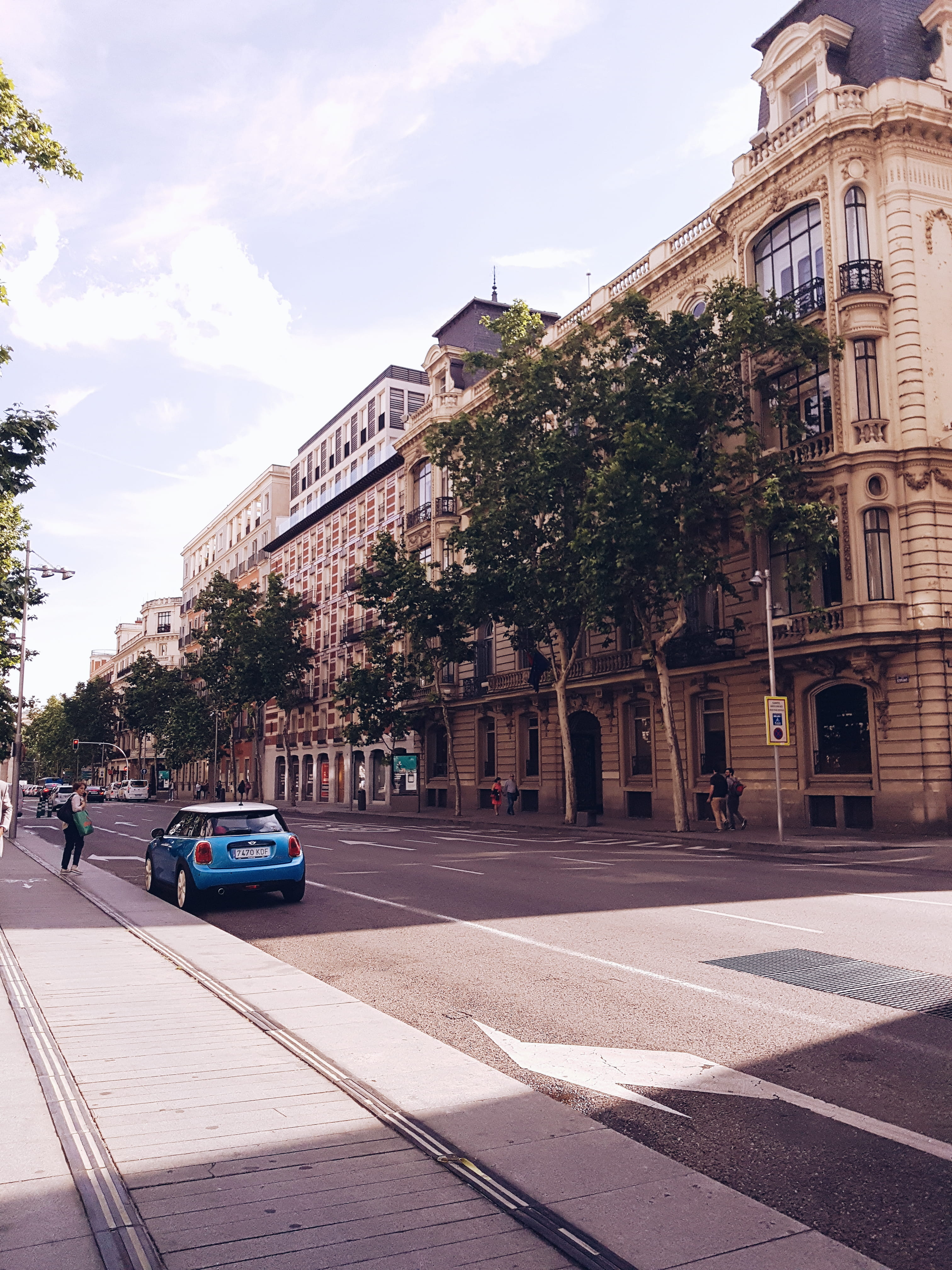 outdoors, day, incidental people, land vehicle, building, road marking, nature, 4K, transportation, plant, street, spain, madrid, city street, built structure, Phone HD Wallpaper