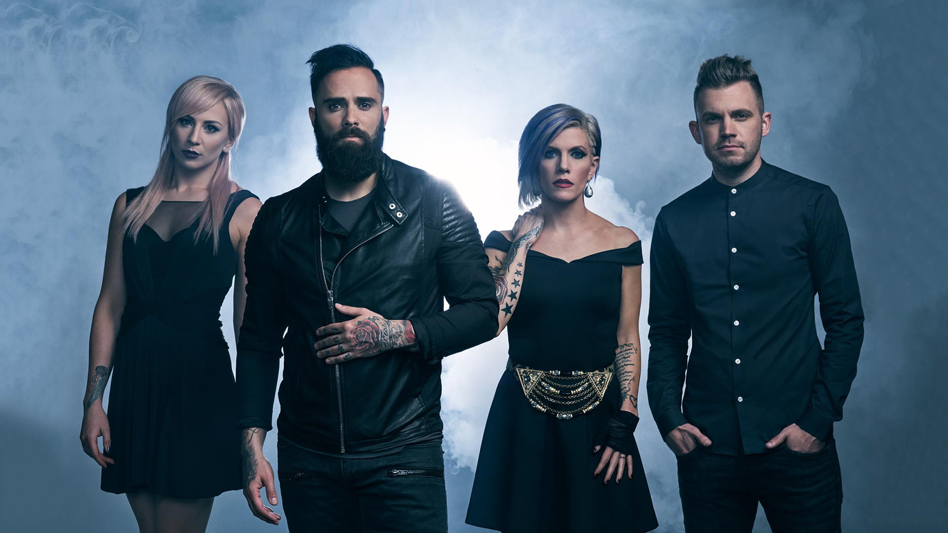 music, Korey Cooper, Jen Ledger, Skillet (band), singer, black dress, rock music, black clothing, Unleashed, Ben Kasica, John Cooper, 1080P, leather jackets, HD Wallpaper