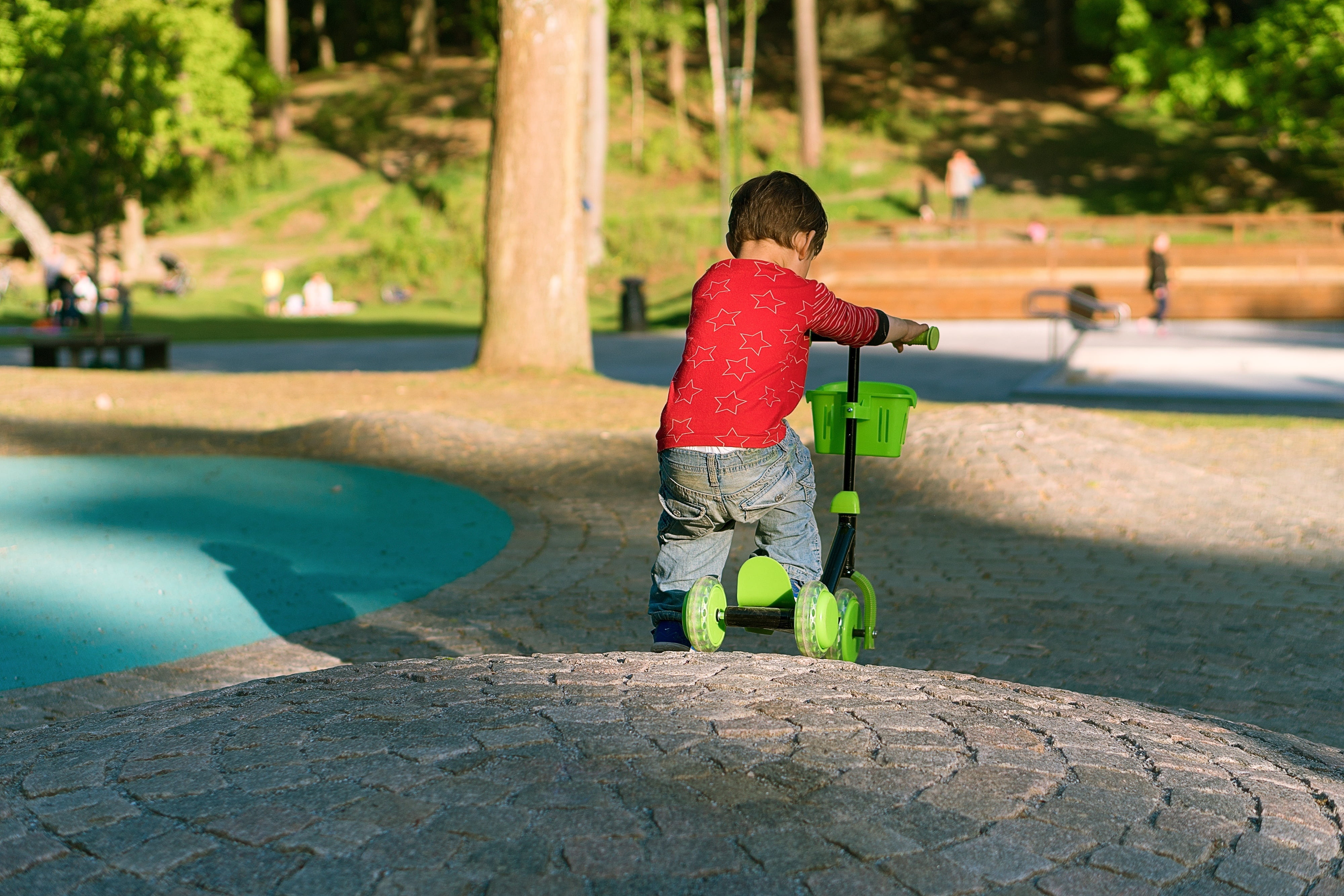 innocence, action, sun, red, little, boys, young, lifestyle, boy, day, healthy, active, scooter, motion, fun, sleeved, summer, rear view, 4K, sunshine, HD Wallpaper
