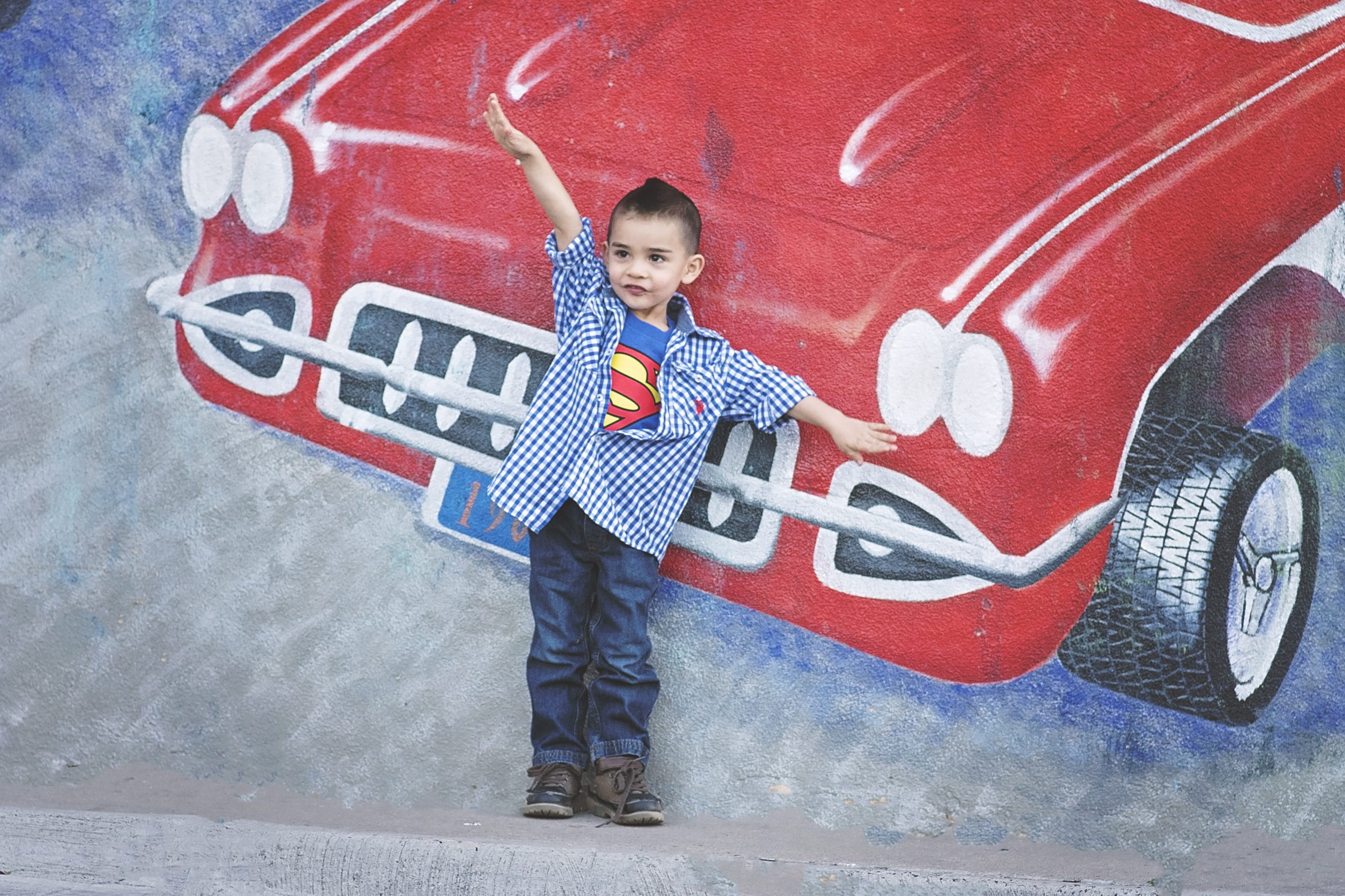 car, men, imagination, wall, outdoors, strength, males, happy, wall art, standing, boys, graffiti, memories, vehicle, costume, Hero, fun, cape, beside, HD Wallpaper