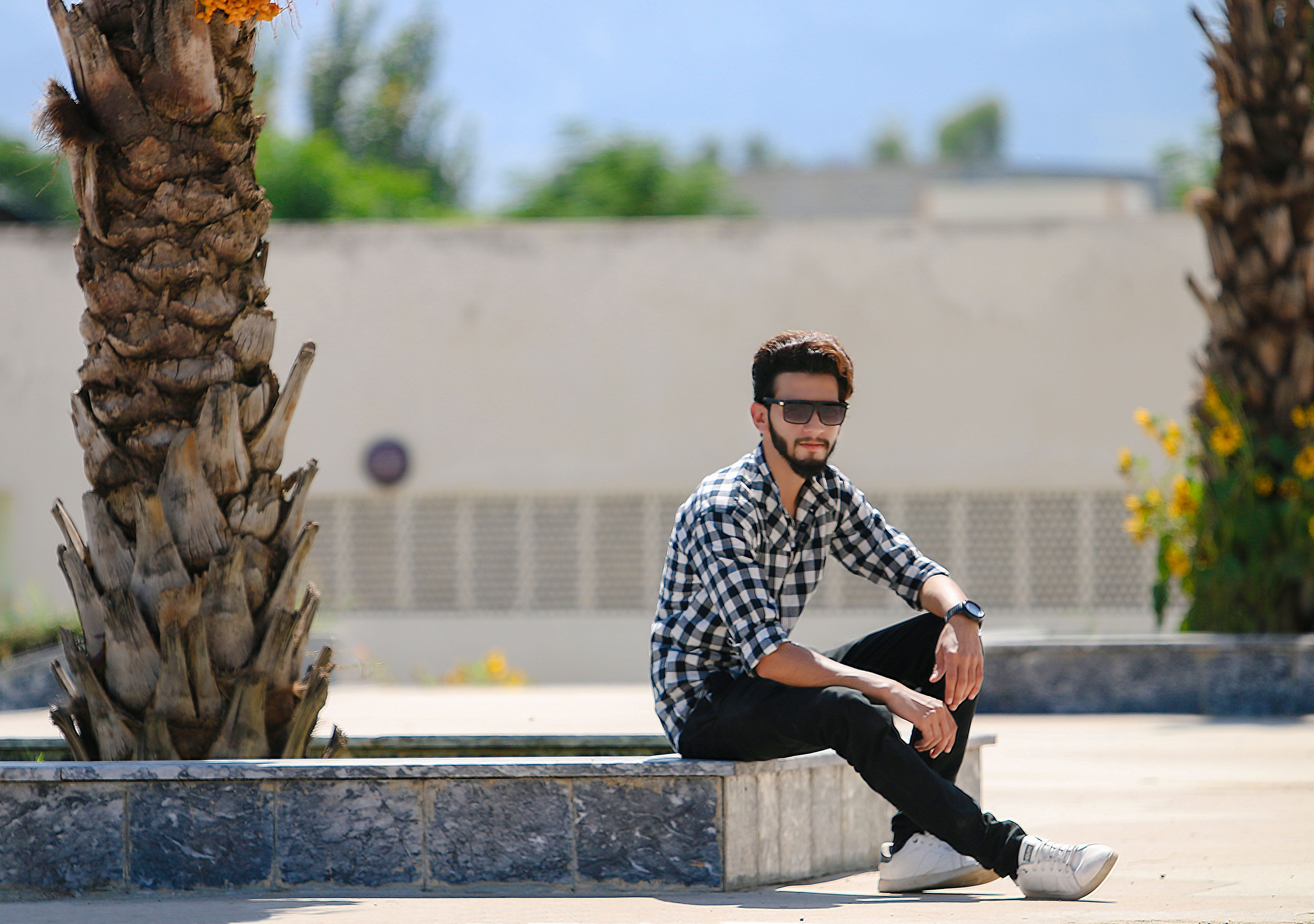 shirt, outdoors, tree, white, male model, real people, bench, casual clothing, sleeved, 5K, full length, sitting, checkered, fashion, sunlight, pants, HD Wallpaper