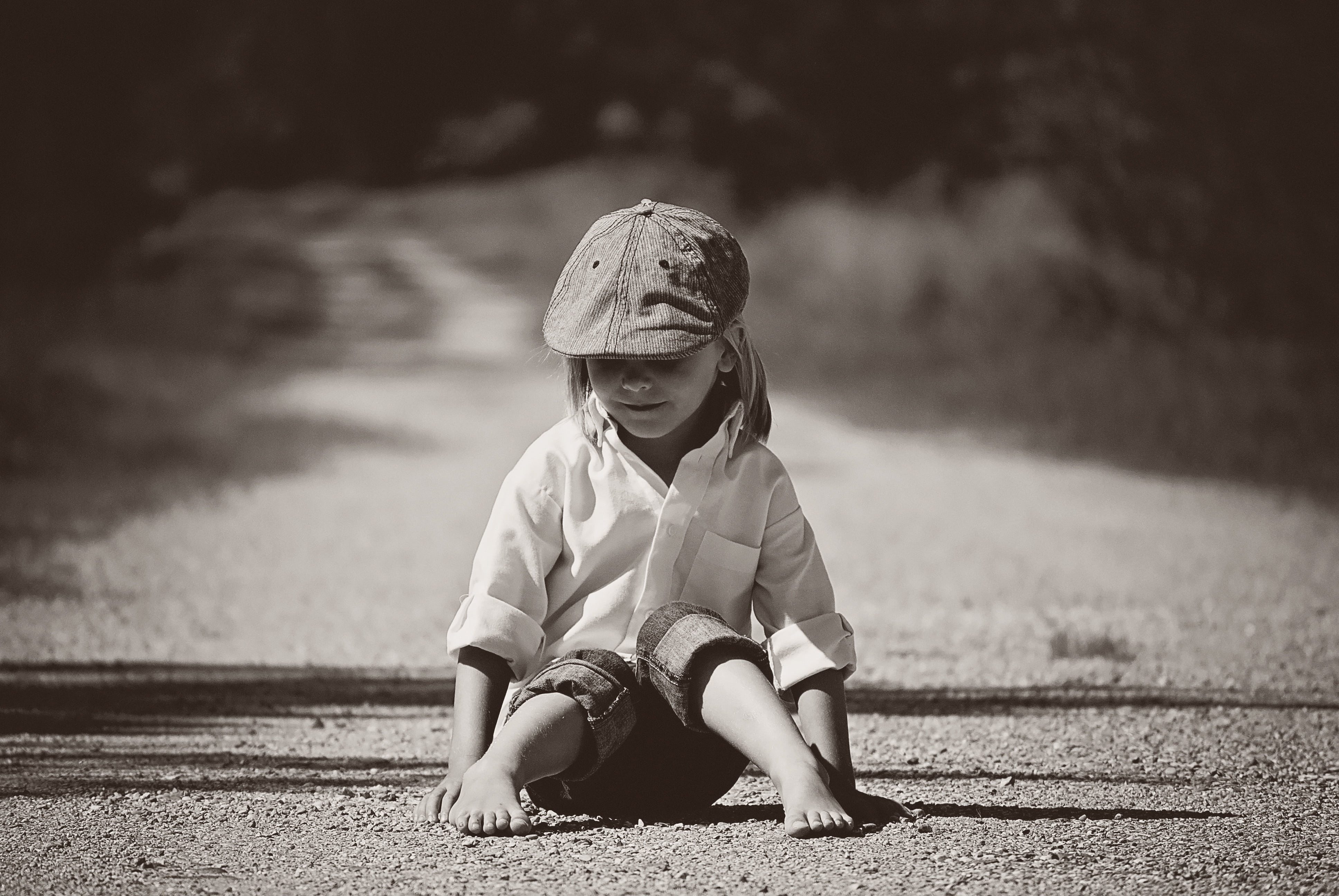 front view, child, wearing, cap, nature, little, boy, dress, one Person, leisure activity, greyscale, grass, full length, focus on foreground, innocence, HD Wallpaper