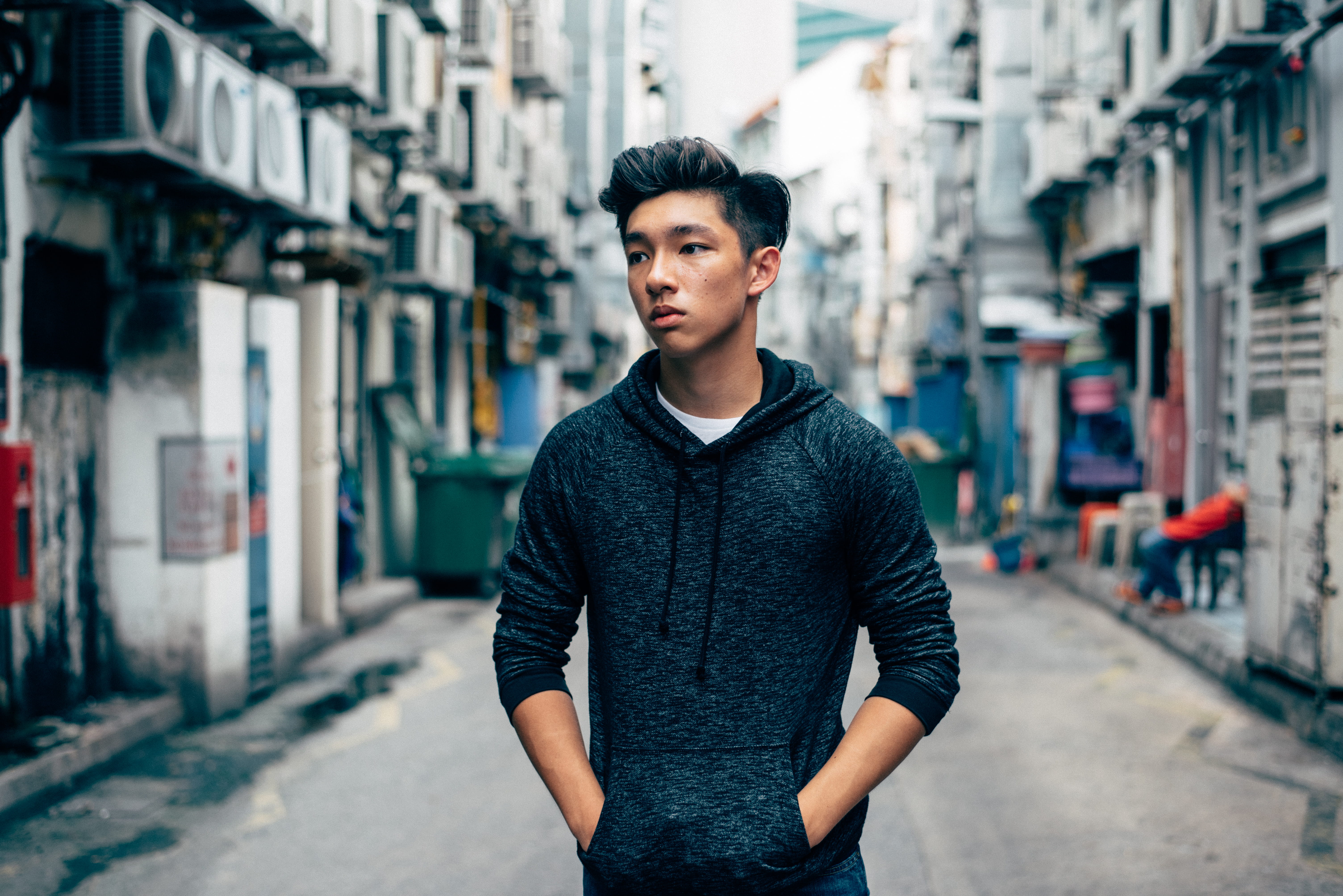 street, portrait, focus on foreground, contemplation, person, Way, male, 5K, real people, Alley, one Man Only, young Adult, focus, day, black, standing, HD Wallpaper