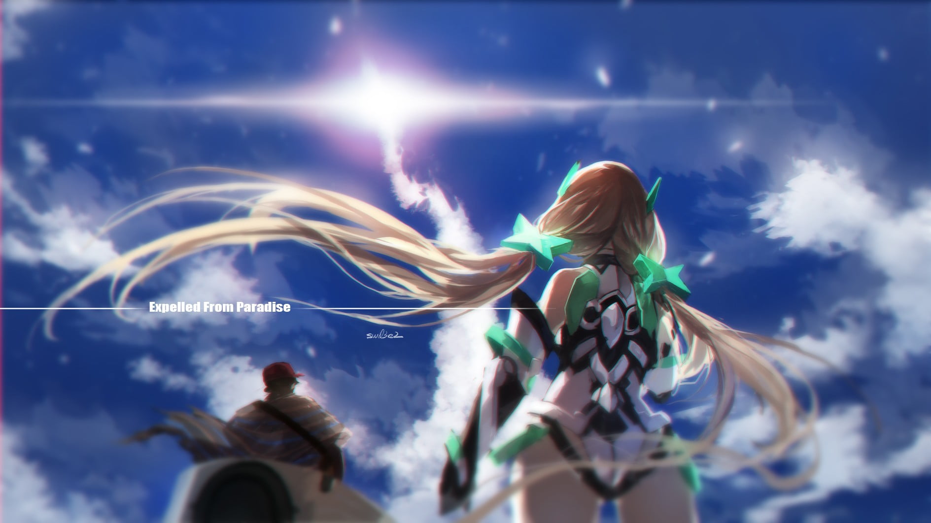  720P, outdoors, portrait, blond hair, lens flare, cloud - sky, Angela Balzac, low angle view, sky, headshot, lifestyles, white, anime, hair, HD Wallpaper