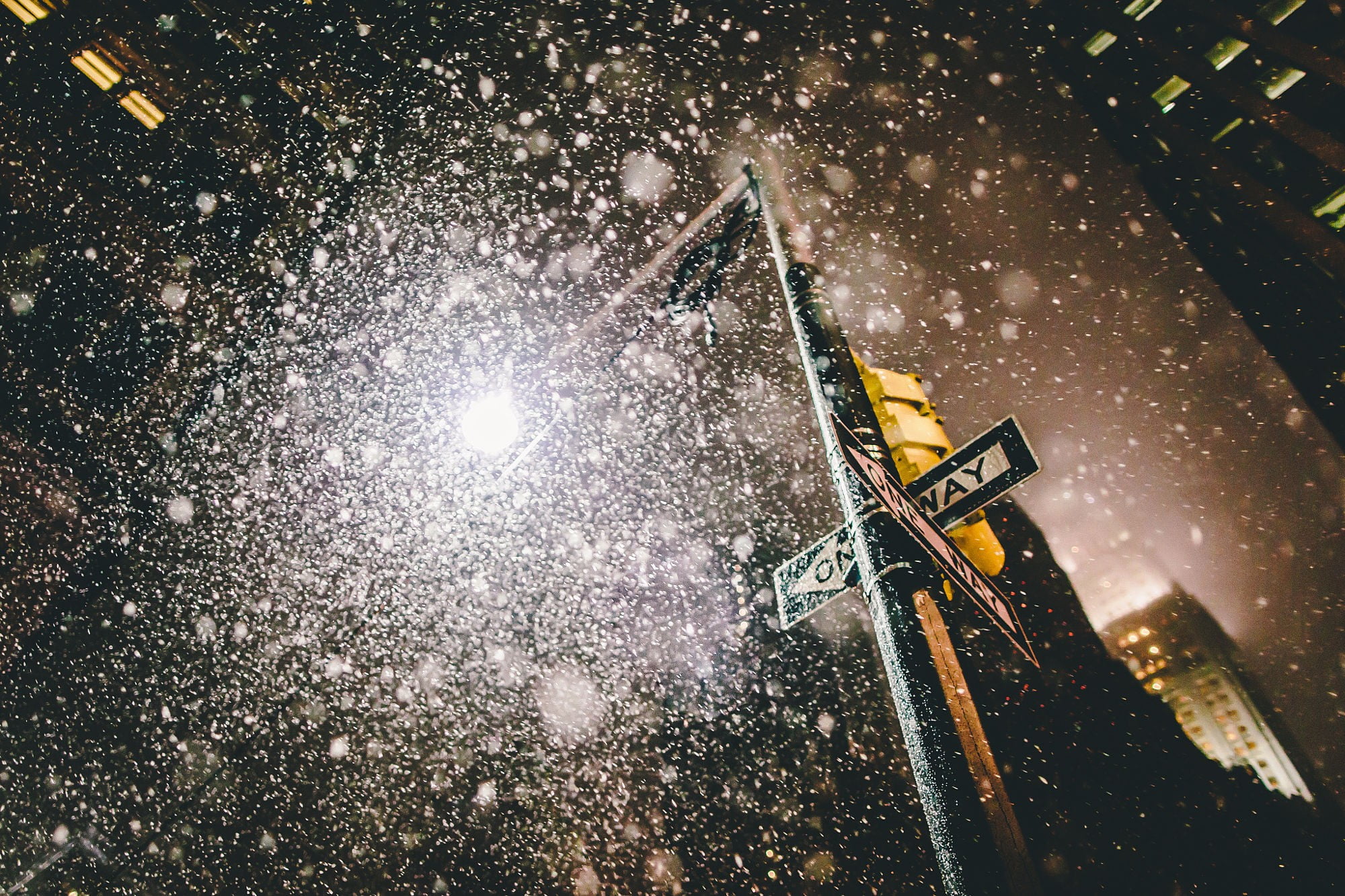 machinery, night, 1080P, illuminated, snow, nature, street, way, wet, light, green, bokeh, snowing, communication, sign, lighting equipment, building exterior, HD Wallpaper