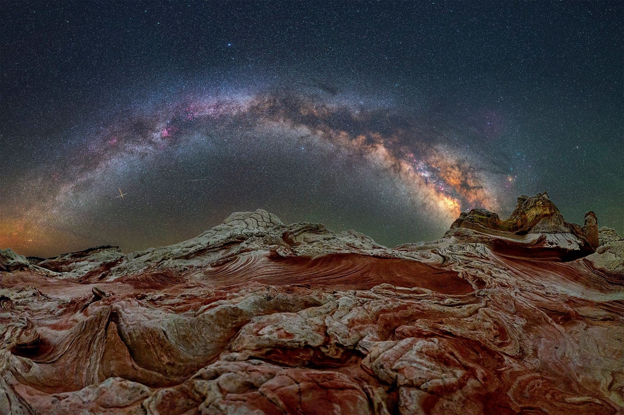 tranquil scene, tranquility, 1080P, clear sky, star, Milky Way, rock - object, painting, no people, green, Arizona, scenics - nature, white, red, science, HD Wallpaper