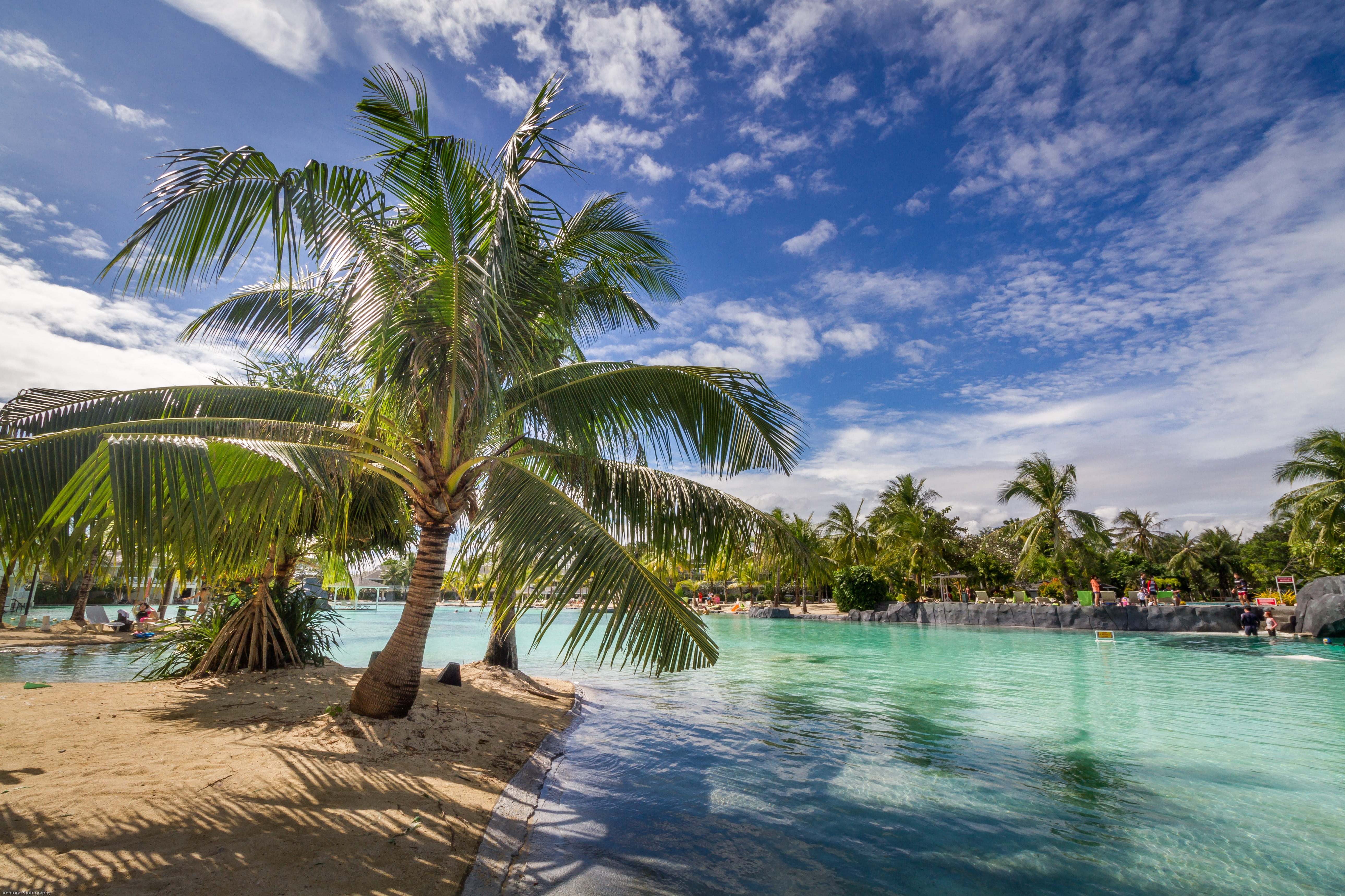 relax, cloudy, turquoise colored, water, paradise, tranquility, sand, green, vacation, palm tree, blue, travel, outdoors, cloud - sky, tropical, tropic, HD Wallpaper