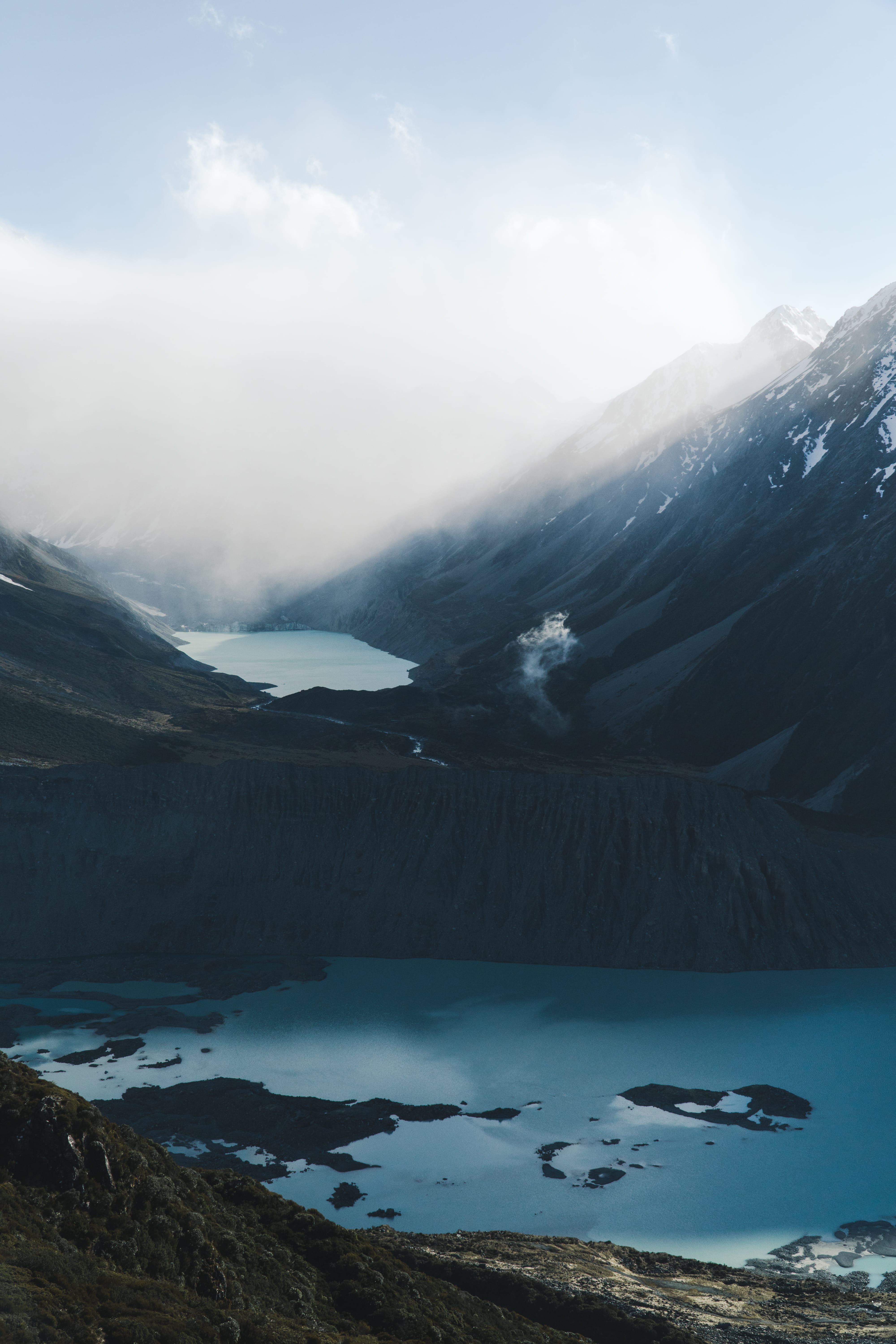 slope, hiking, lake, idyllic, landscape, ice, cold temperature, cloud - sky, sea, adventure, snowcapped mountain, mount cook national park, body, snow, Phone HD Wallpaper