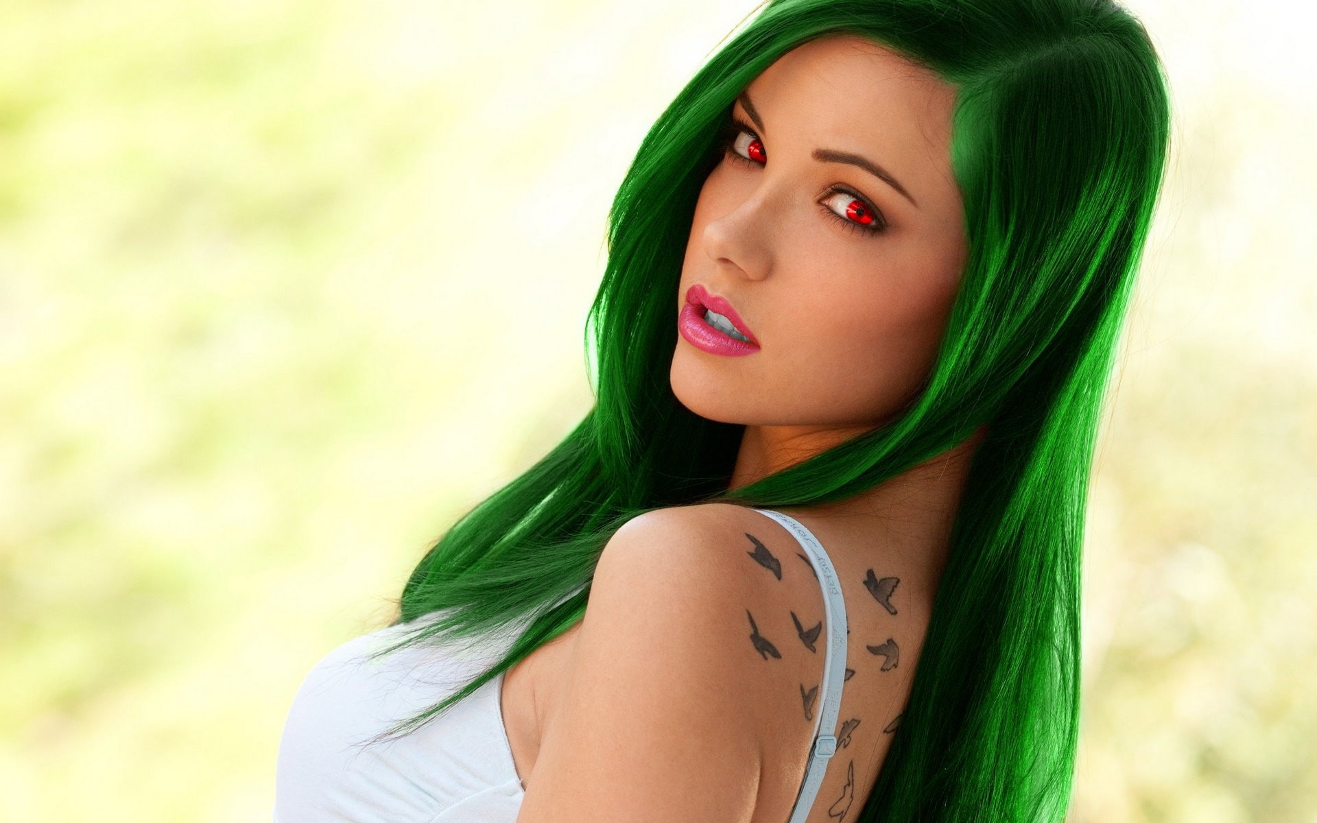 red eyes, looking back, digital art, simple background, 1080P, looking at viewer, juicy lips, photo manipulation, tattoo, green hair, bare shoulders, Elizabeth, HD Wallpaper
