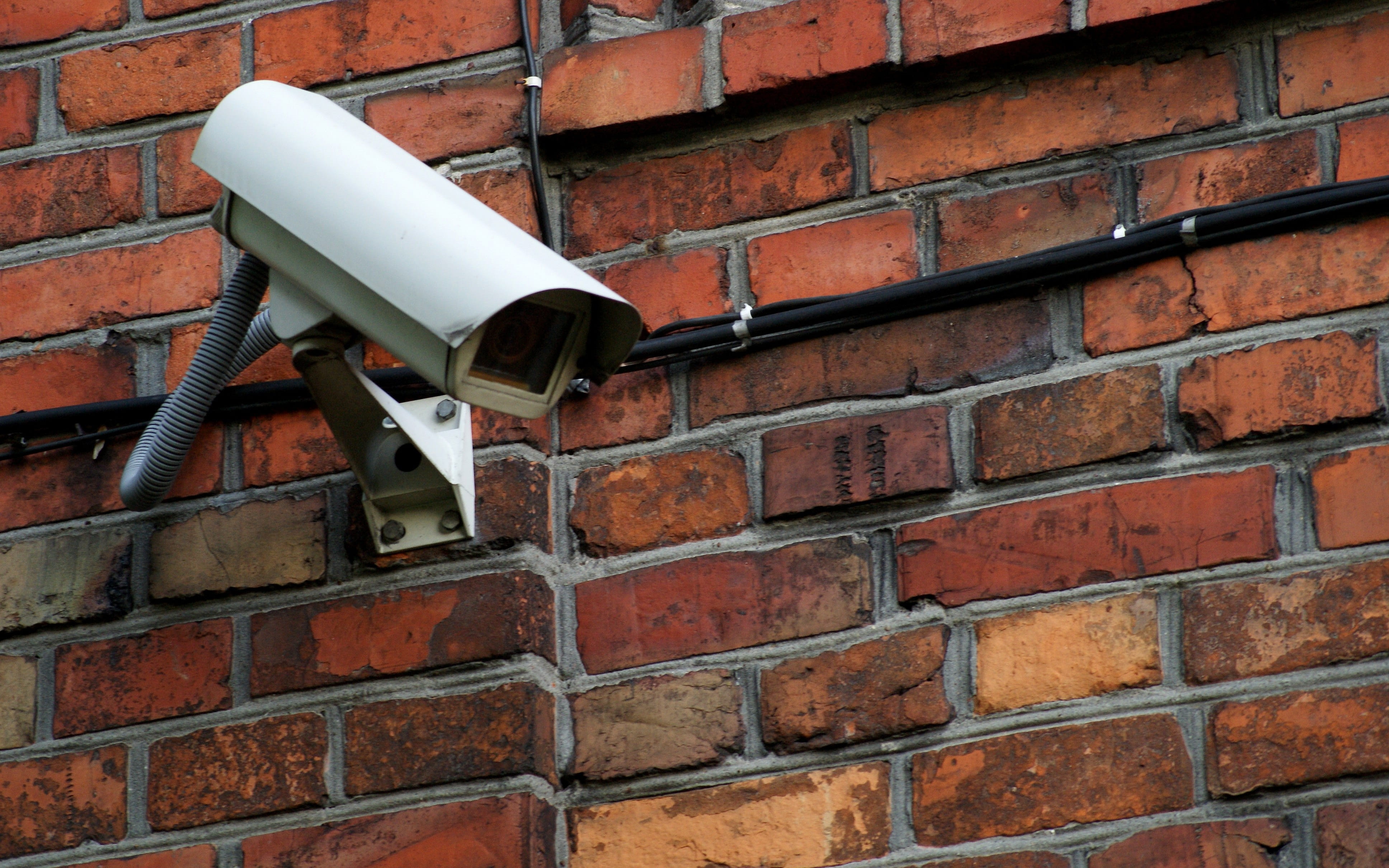 Protection, outdoors, red, day, big brother - orwellian concept, external cameras, Monitoring, architecture, white, pattern, technology, 4K, brick, low angle view, HD Wallpaper