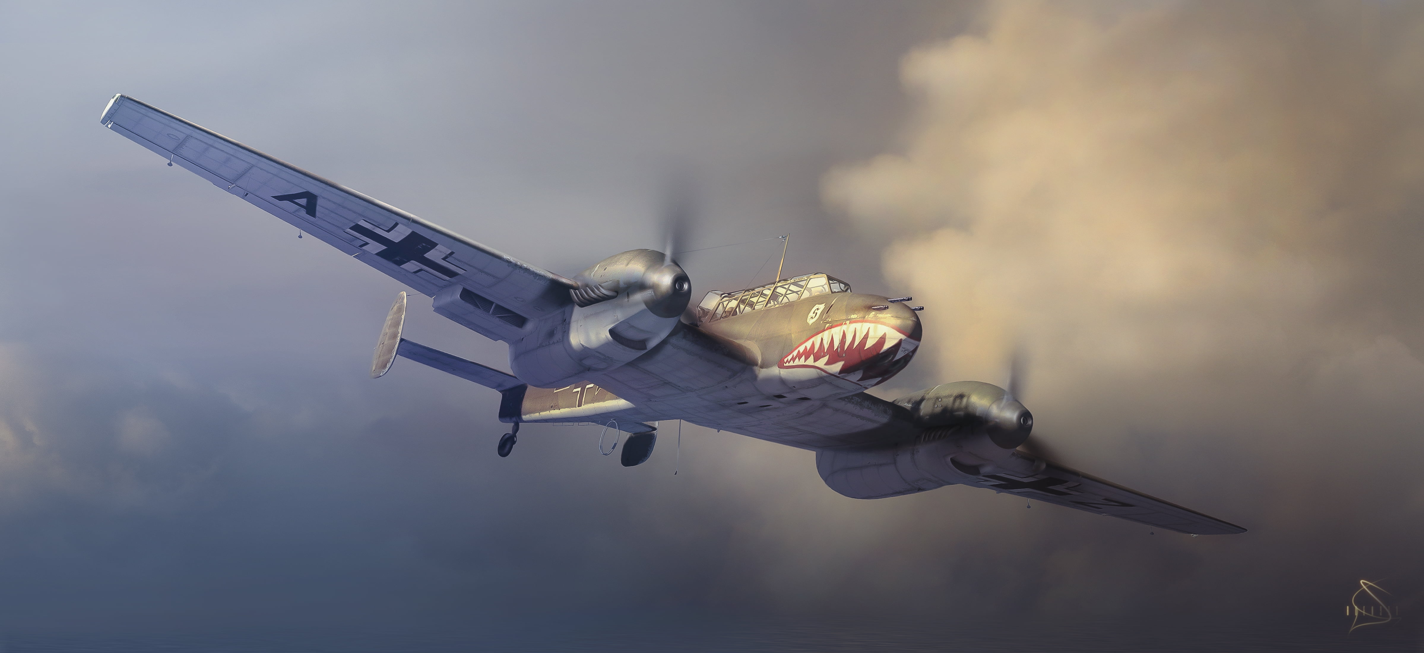 military, art, shark, mouth, the plane, sky, security, grin, Bf 110, no people, gray, on the move, flying, air vehicle, in the sky, aircraft, nature, plane, HD Wallpaper