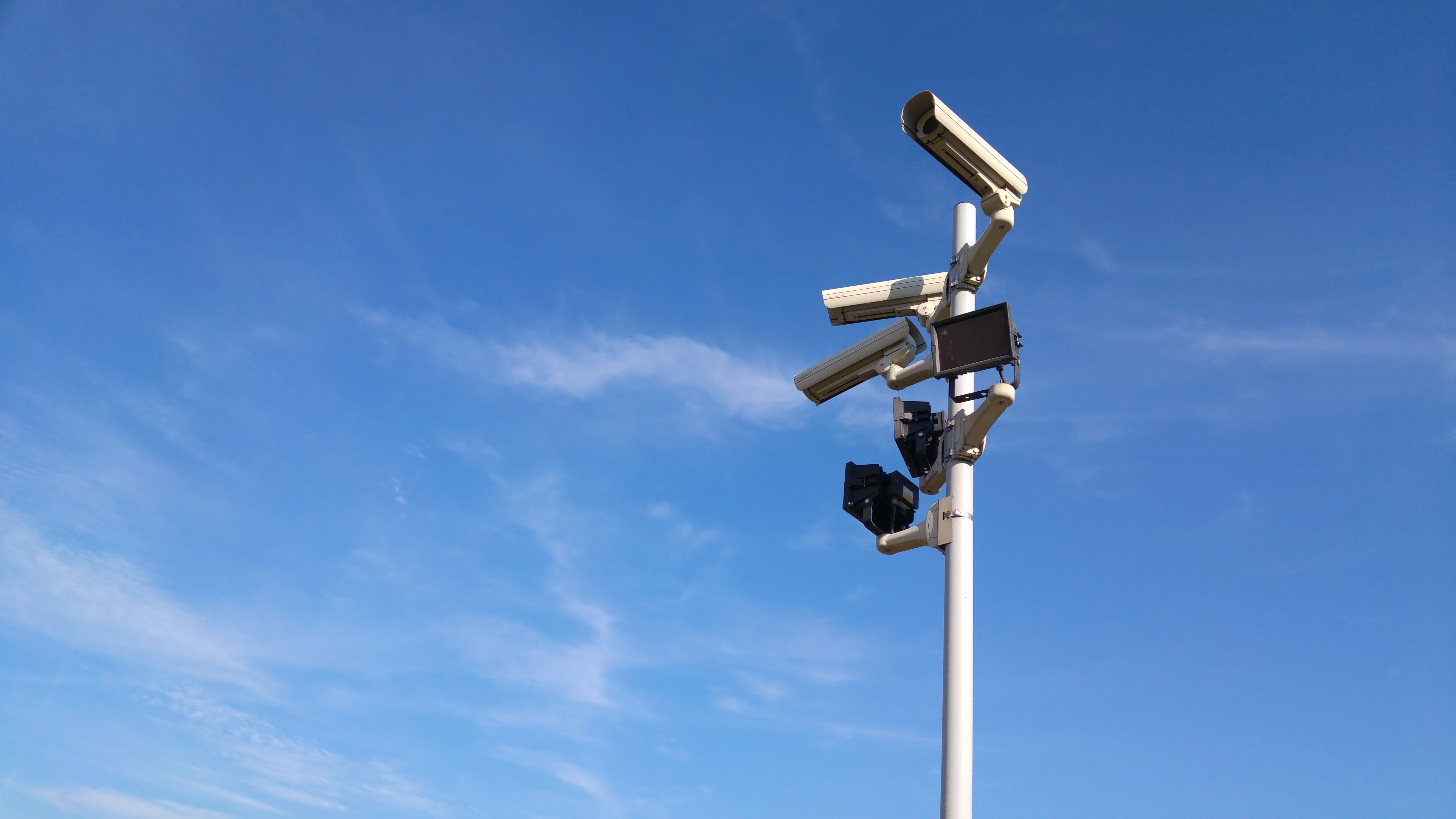 day, cloud - sky, nature, home video camera, security camera, power, industry, blue, 5K, watching, protection, photography themes, steel, equipment, low angle view, HD Wallpaper