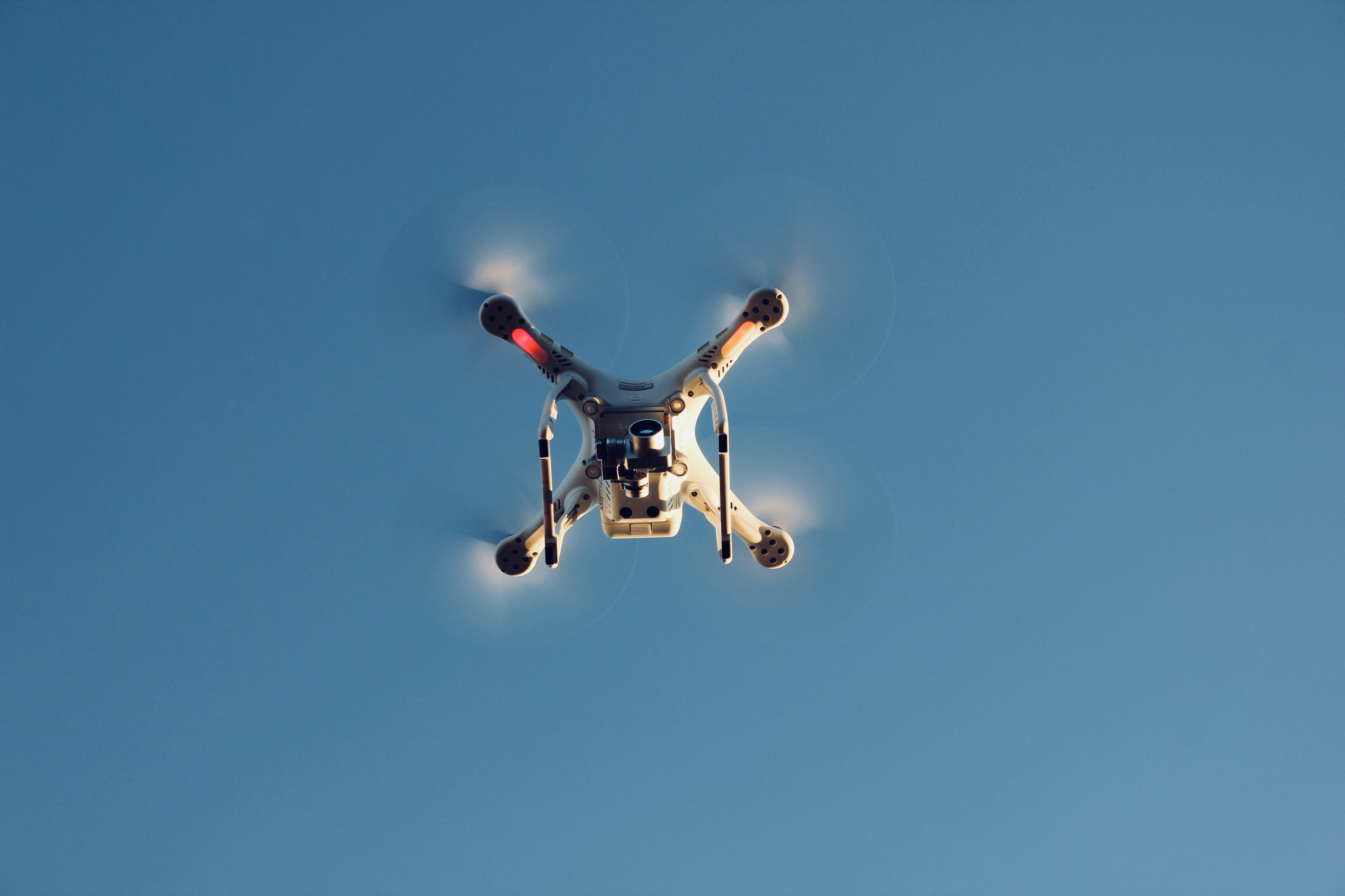surveillance, futuristic, blades, air, taking, quadcopter, filming, angle, clear sky, video, rc, photography themes, sky, photography, white, global positioning system, HD Wallpaper