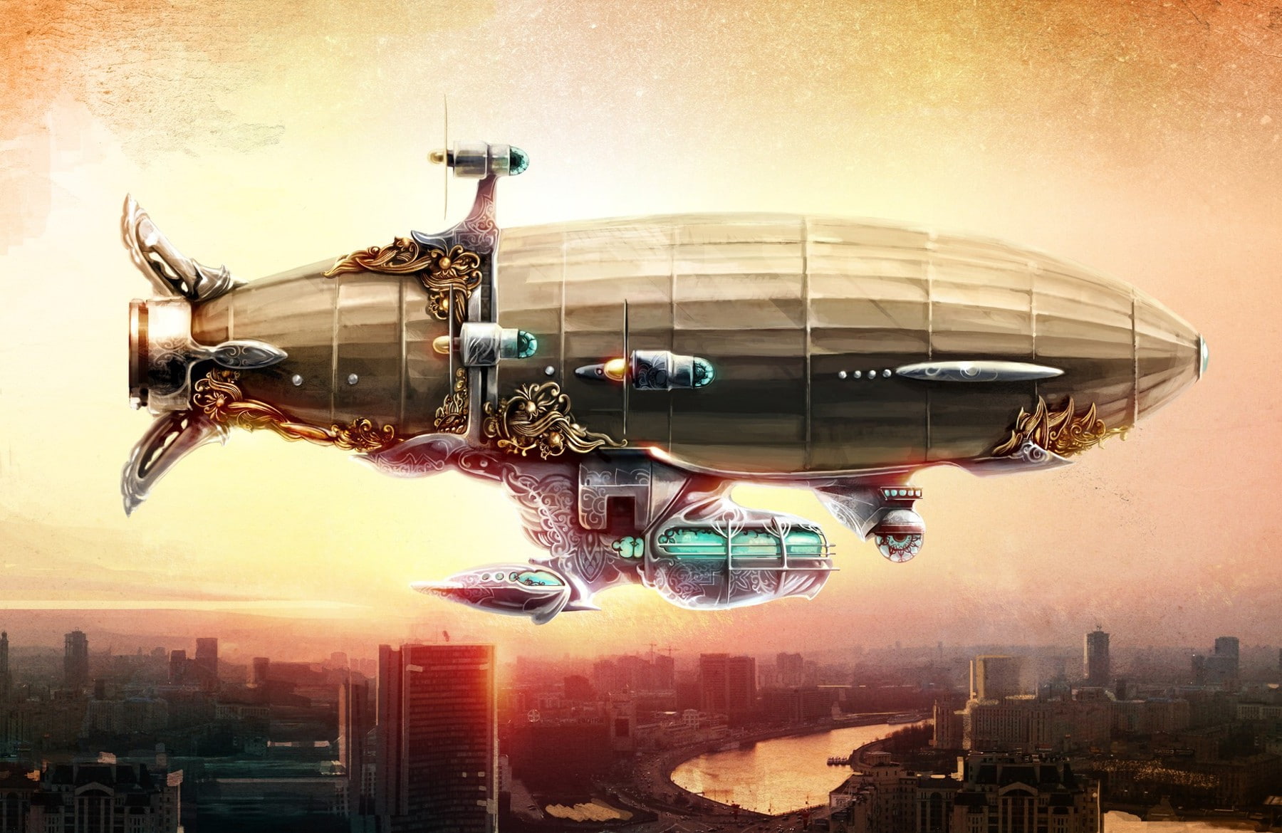 futuristic, transportation, city, no people, technology, mid-air, air vehicle, surveillance, connection, drone, sky, artwork fantasy art digital art steampunk zeppelin, HD Wallpaper