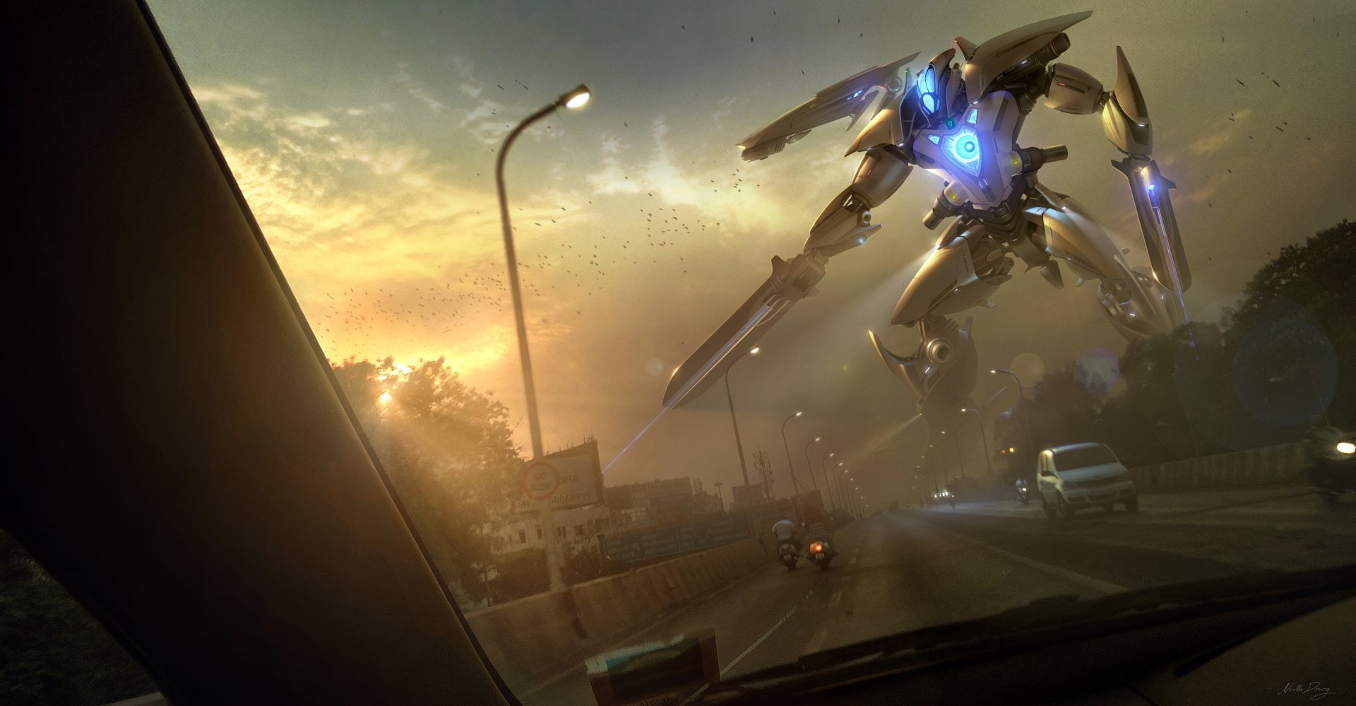 sunset, big brother - orwellian concept, nature, street, road, car, surveillance, architecture, Robot, cloud - sky, motor vehicle, transportation, security, HD Wallpaper