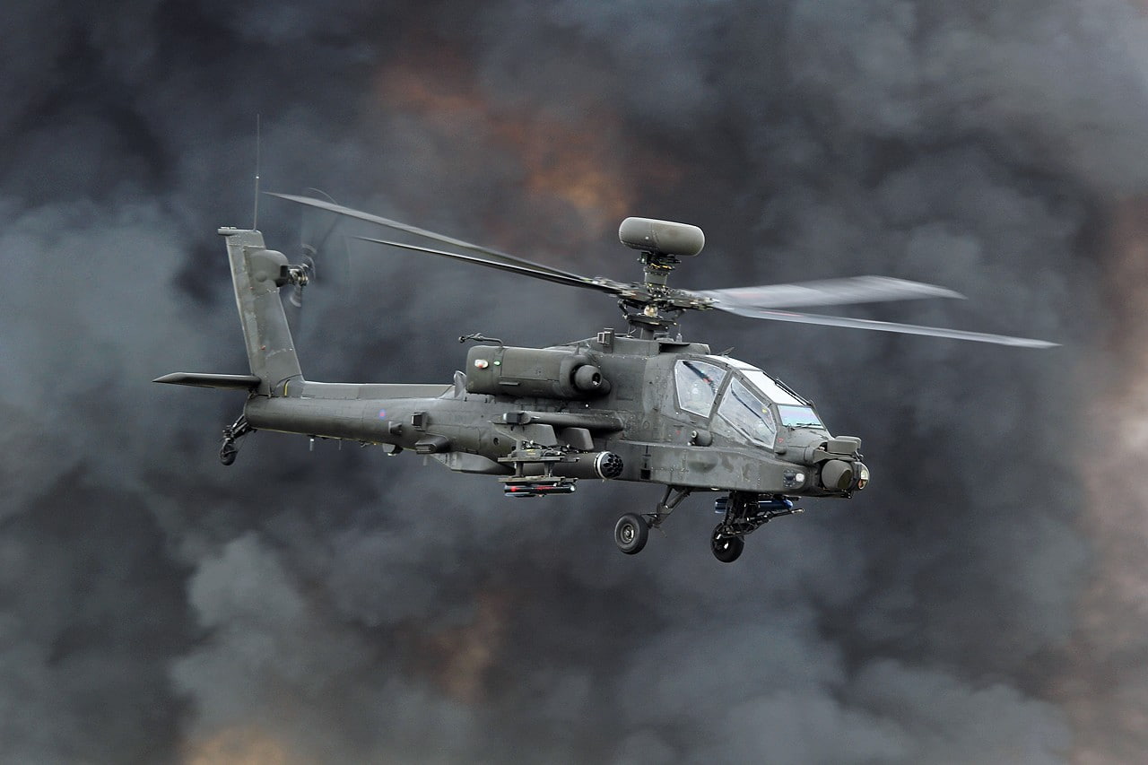 airplane, day, cloud - sky, 720P, mid-air, above, helicopter, on the move, military, transportation, outdoors, plane, Boeing AH-64 Apache, no people, fighter plane, HD Wallpaper
