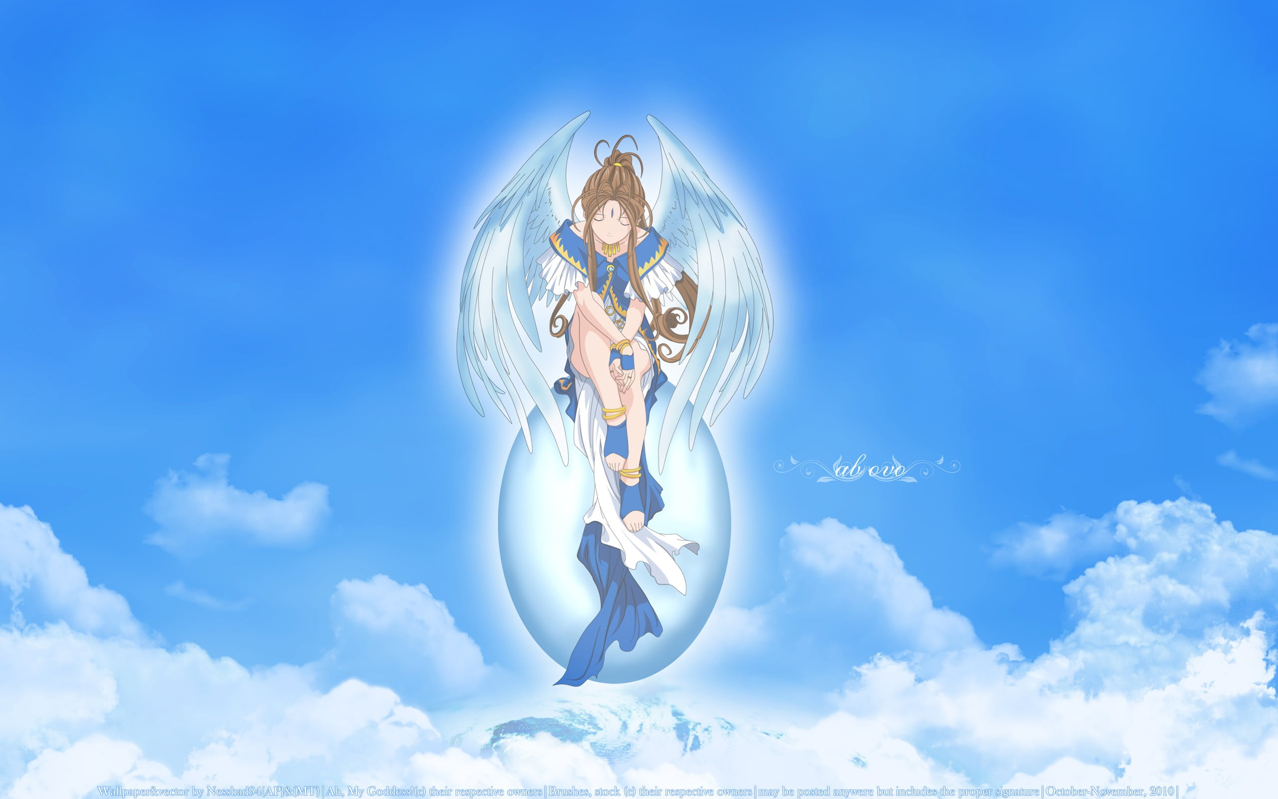 representation, circle, connection, blue, Belldandy, sky, childhood, human representation, anime girls, day, child, cloud - sky, low angle view, digital composite, HD Wallpaper