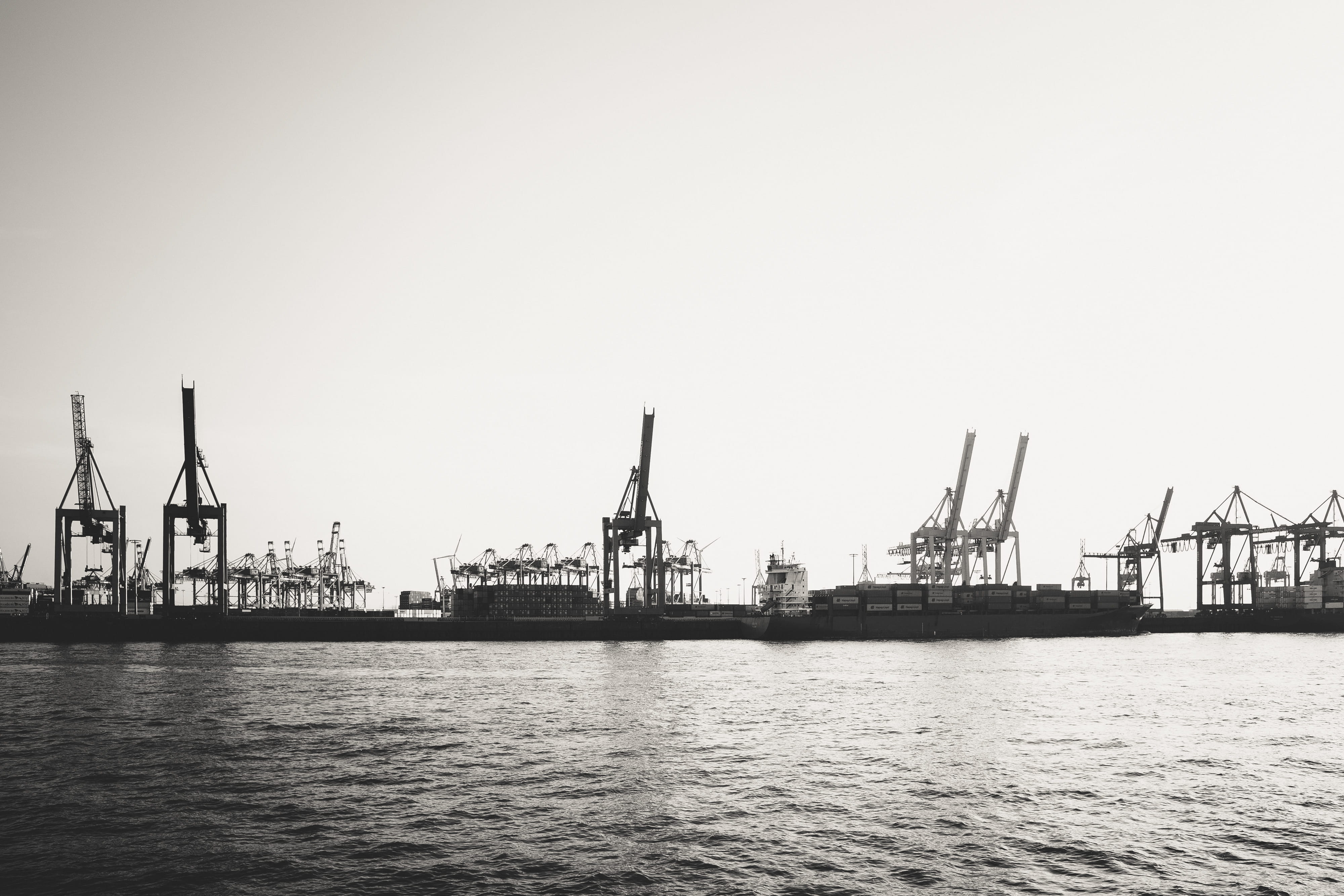 clear sky, sky, outdoors, industrial Ship, ship, nautical Vessel, machinery, container, mode of transportation, hamburg, pier, commercial Dock, landscape, HD Wallpaper