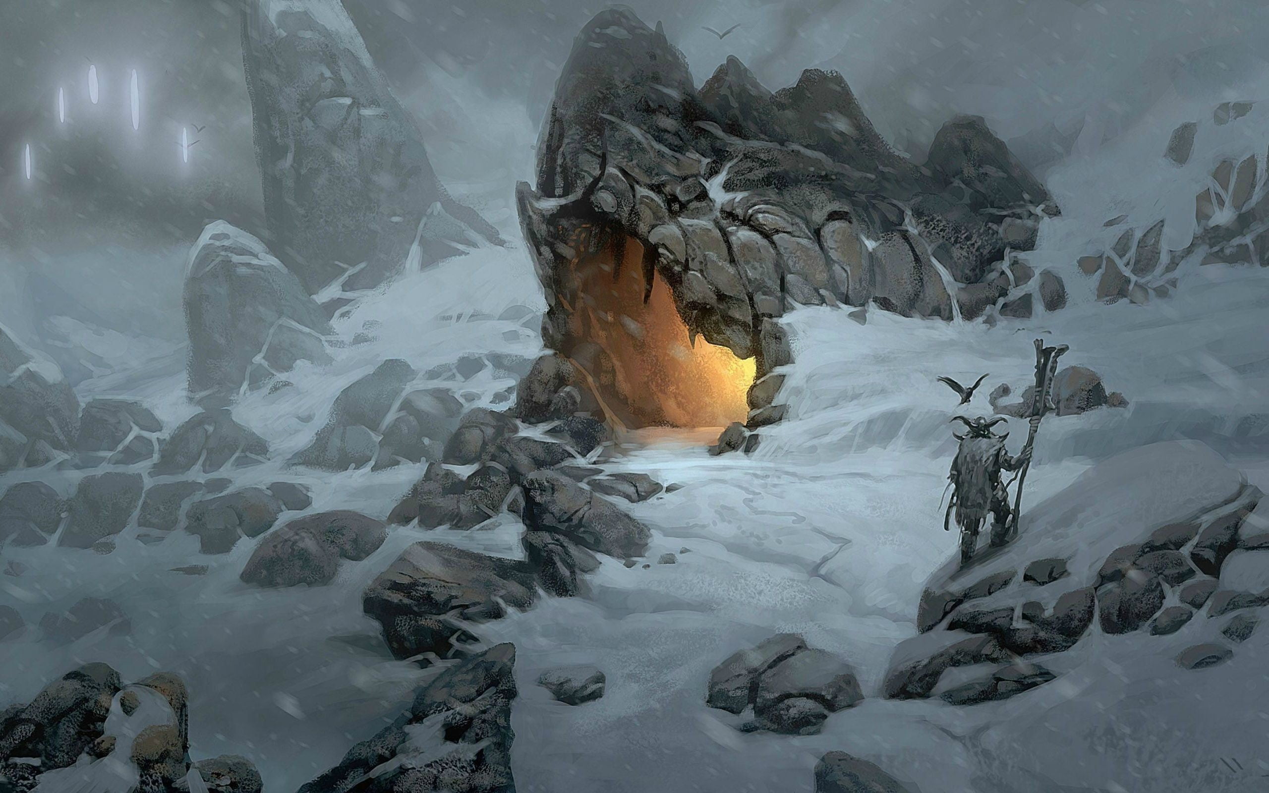 fantasy art, snow, rock - object, power in nature, ice, winter, nature, 2K, non-urban scene, gray, frozen, Vikings, outdoors, cold temperature, no people, HD Wallpaper