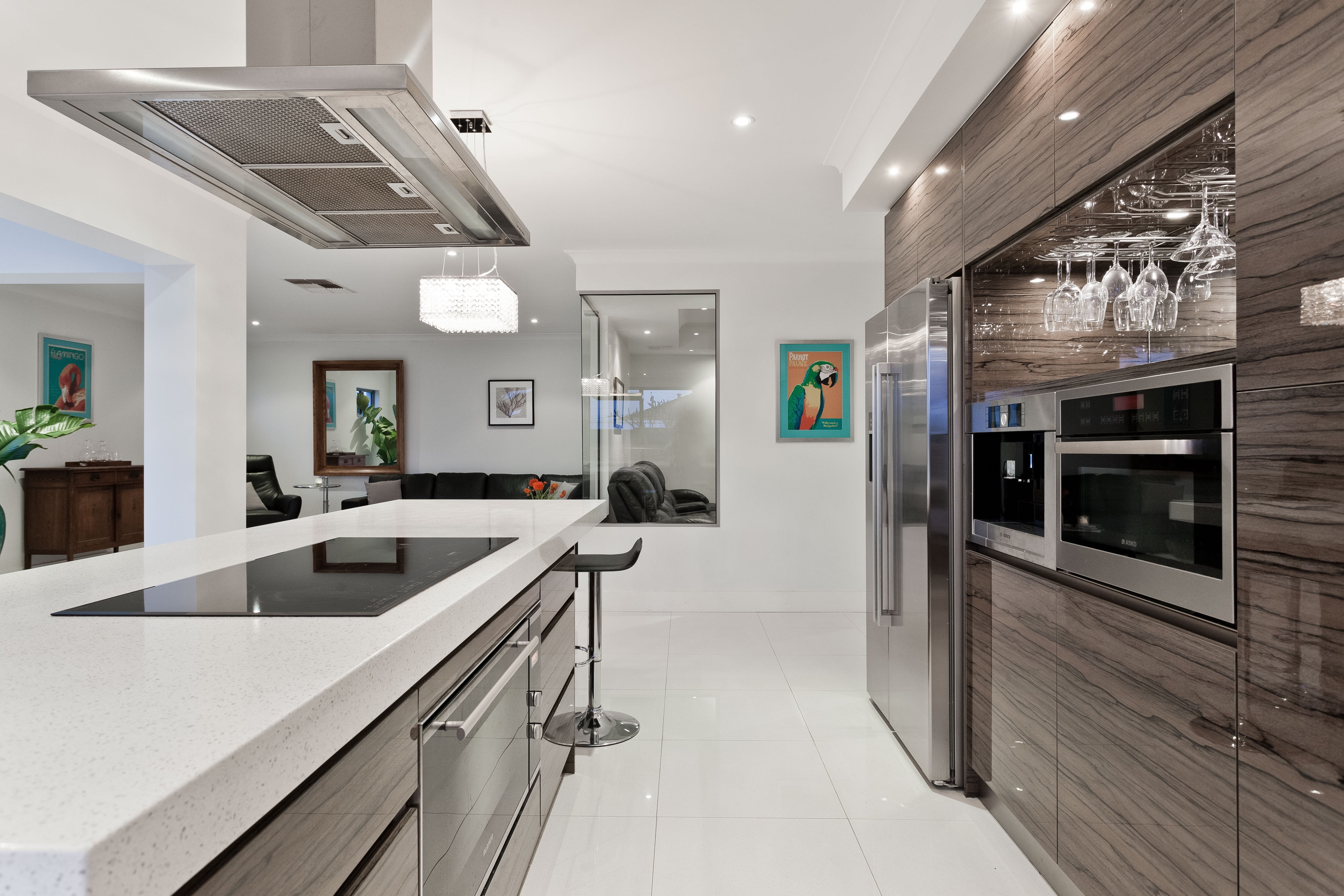 refrigerator, island, luxury, household equipment, empty, stove, indoors, tile, tiled floor, no people, white, 4K, entertaining, lighting equipment, illuminated, HD Wallpaper