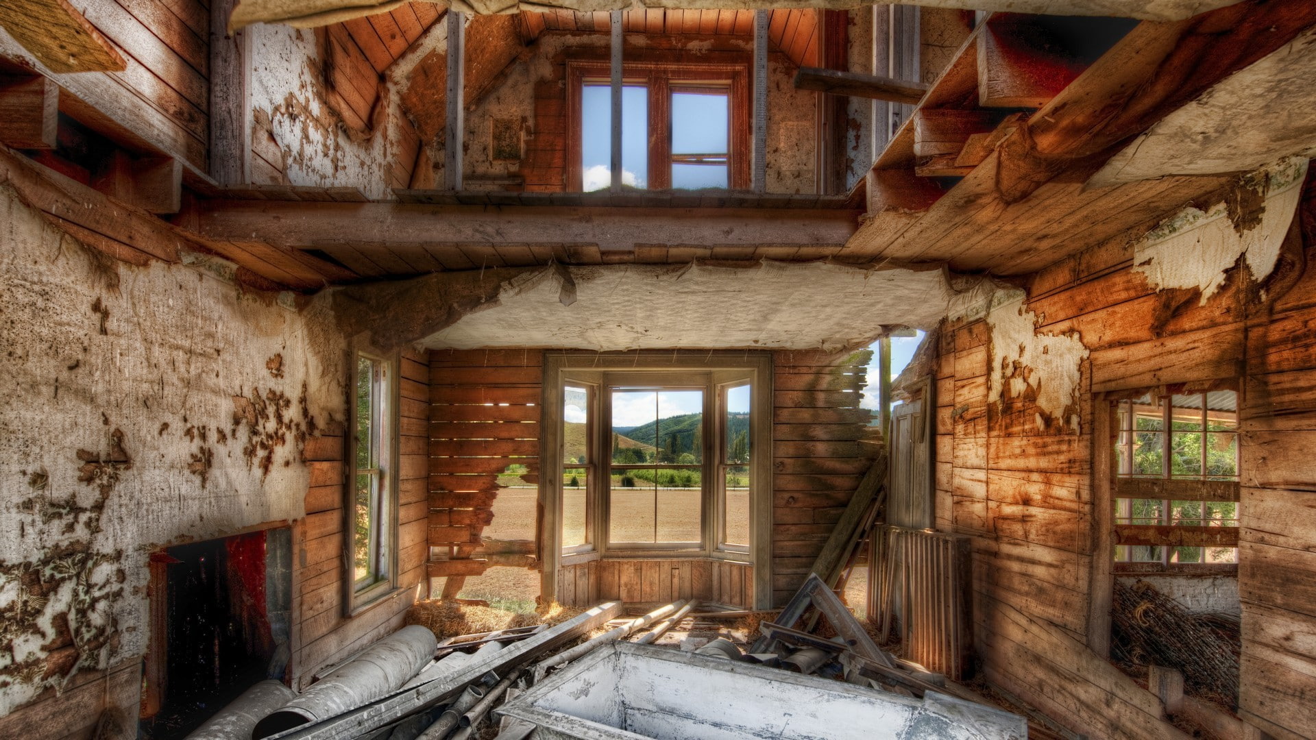 old, wood - material, ruin, ceiling, building, architecture, window, bad condition, HDR, ruined, deterioration, damaged, abandoned, built structure, 1080P, HD Wallpaper