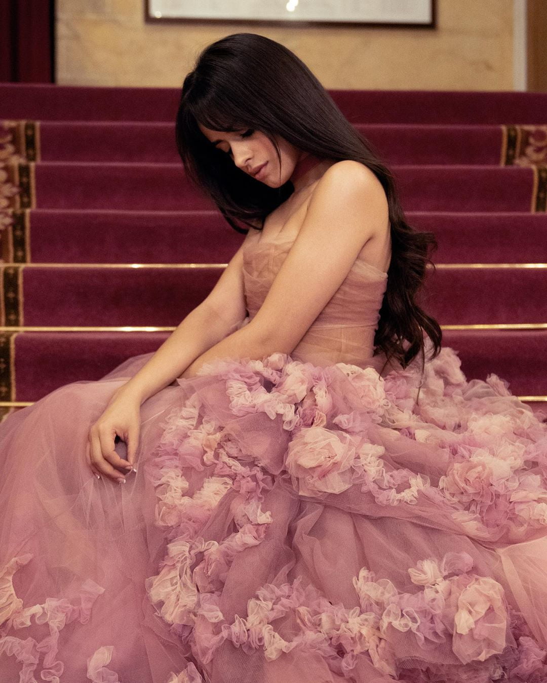 pink dress, long hair, 720P, women indoors, Camila Cabello, women, sitting, cuban, indoors, singer, brunette, Phone HD Wallpaper