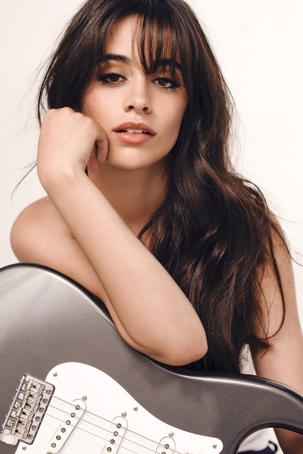 Camila Cabello, simple background, women, singer, brunette, dark hair, 720P, white background, cuban, guitar, long hair, Phone HD Wallpaper