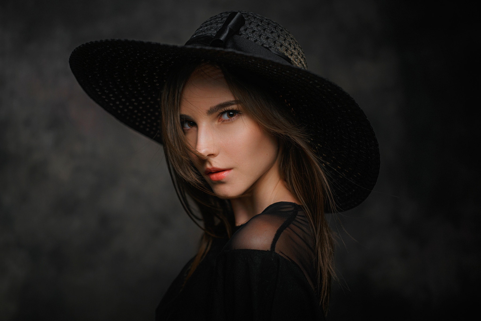 face, hat, looking, simple background, hairstyle, fashion, long hair, headshot, one person, looking away, model, hair, black background, young adult, 1080P, HD Wallpaper