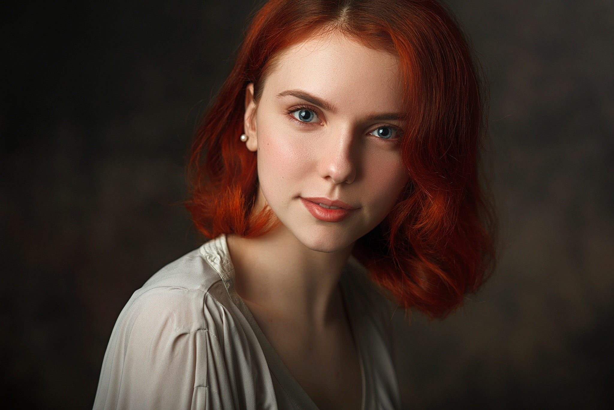 redhead, smirk, portrait, simple background, blue eyes, no bra, face, women, depth of field, Pavel Cherepko, 1080P, HD Wallpaper