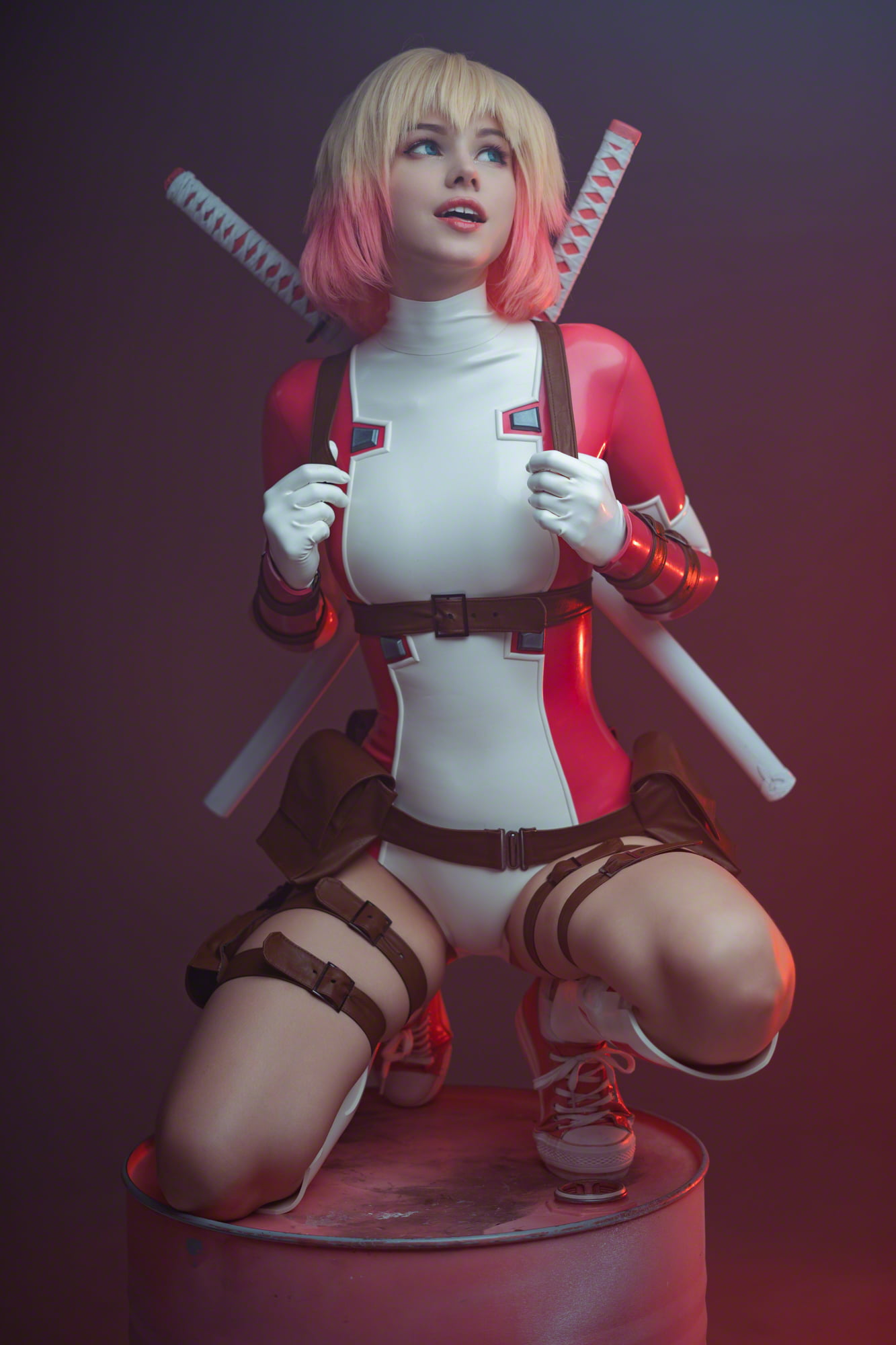 cosplay, 1080P, thighs, Shirogane Sama, multicolored hair, Gwenpool, model, squatting, women indoors, legs, open mouth, looking away, weapon, women, indoors, Phone HD Wallpaper