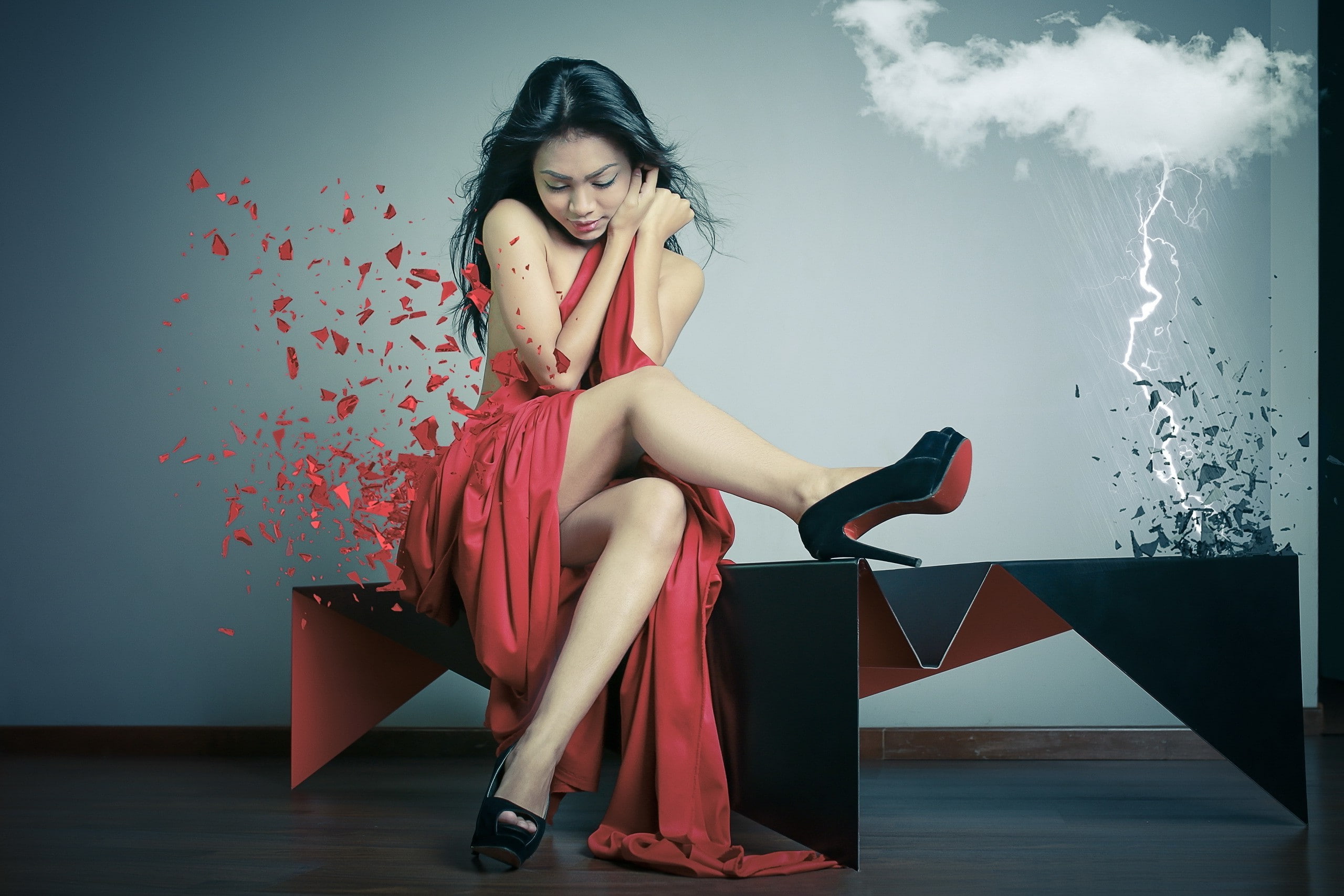 2K, Asian, sitting, dress, women, model, Louboutin, HD Wallpaper