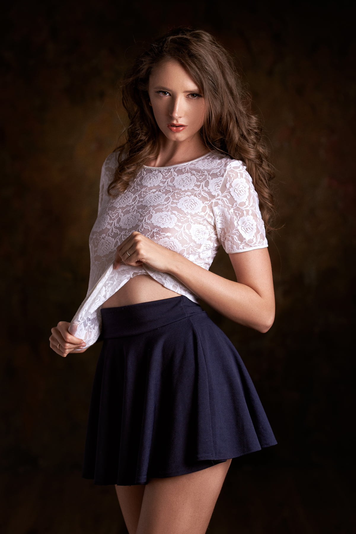 portrait, brunette, 720P, model, Max Pyzhik, skirt, blue skirt, Disha Shemetova, looking at viewer, blouse, brown eyes, women, miniskirt, blue miniskirt, Phone HD Wallpaper