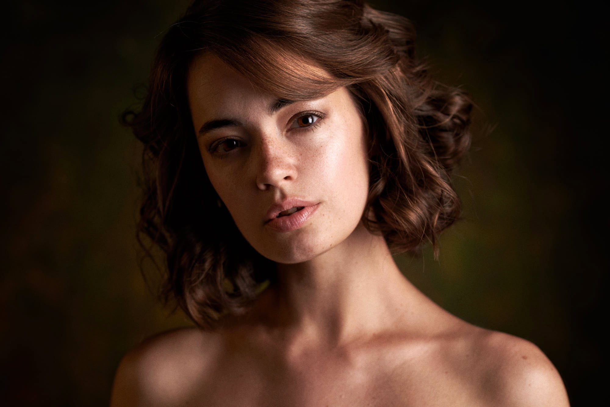 Lidia Savoderova, Max Pyzhik, look, 1080P, Lydia Samodurova, makeup, beauty, model, brown hair, hairstyle, portrait, Lida, background, bare shoulders, HD Wallpaper