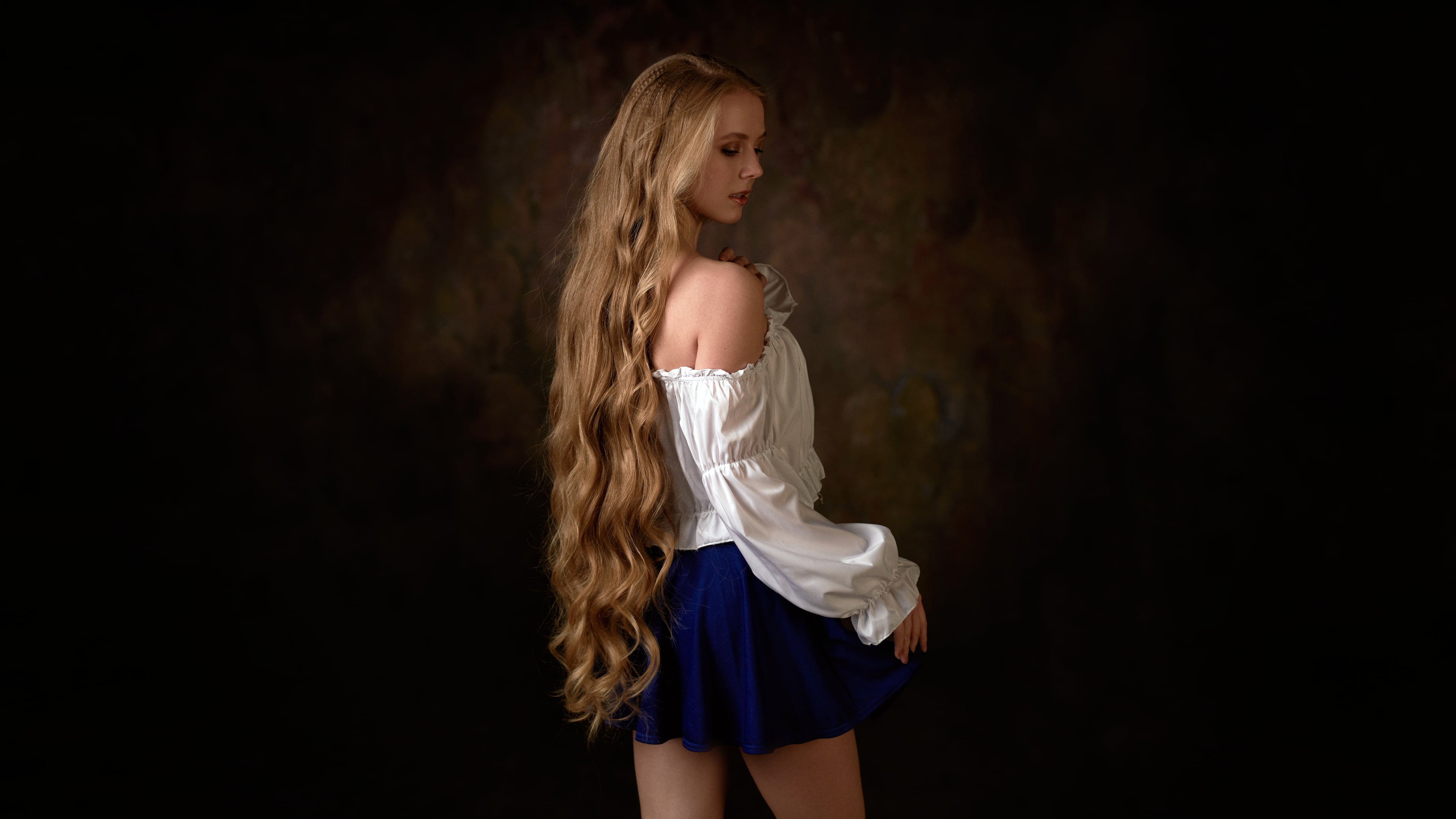 dark background, black, Max Pyzhik, dark, women, vignette, studio, white tops, long hair, bare shoulders, blonde, 4K, parted lips, model, profile, miniskirt, HD Wallpaper