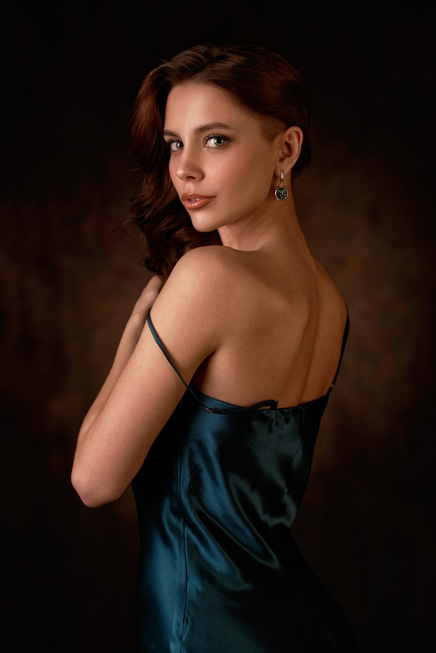 women, looking at viewer, makeup, 1080P, Maria Rykova, earring, redhead, simple background, dress, Max Pyzhik, Phone HD Wallpaper