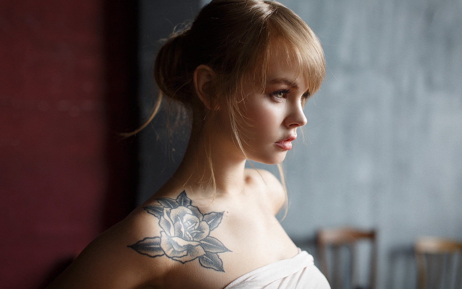 portrait, profile, tattoo, Anastasia Scheglova, looking away, Alexey Kazantsev, blonde, 720P, women, model, HD Wallpaper