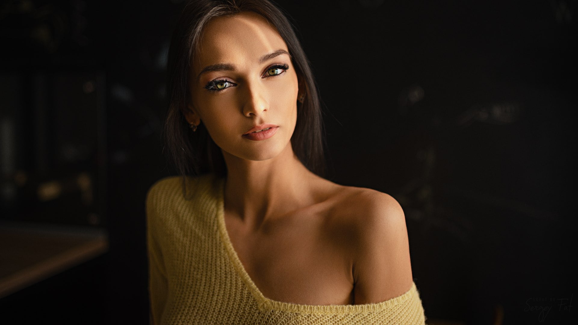 dark, sweater, 1080P, looking, front view, brown hair, women, model, Sergey Fat, young women, glamour, beautiful woman, beauty, face, portrait, fashion, HD Wallpaper