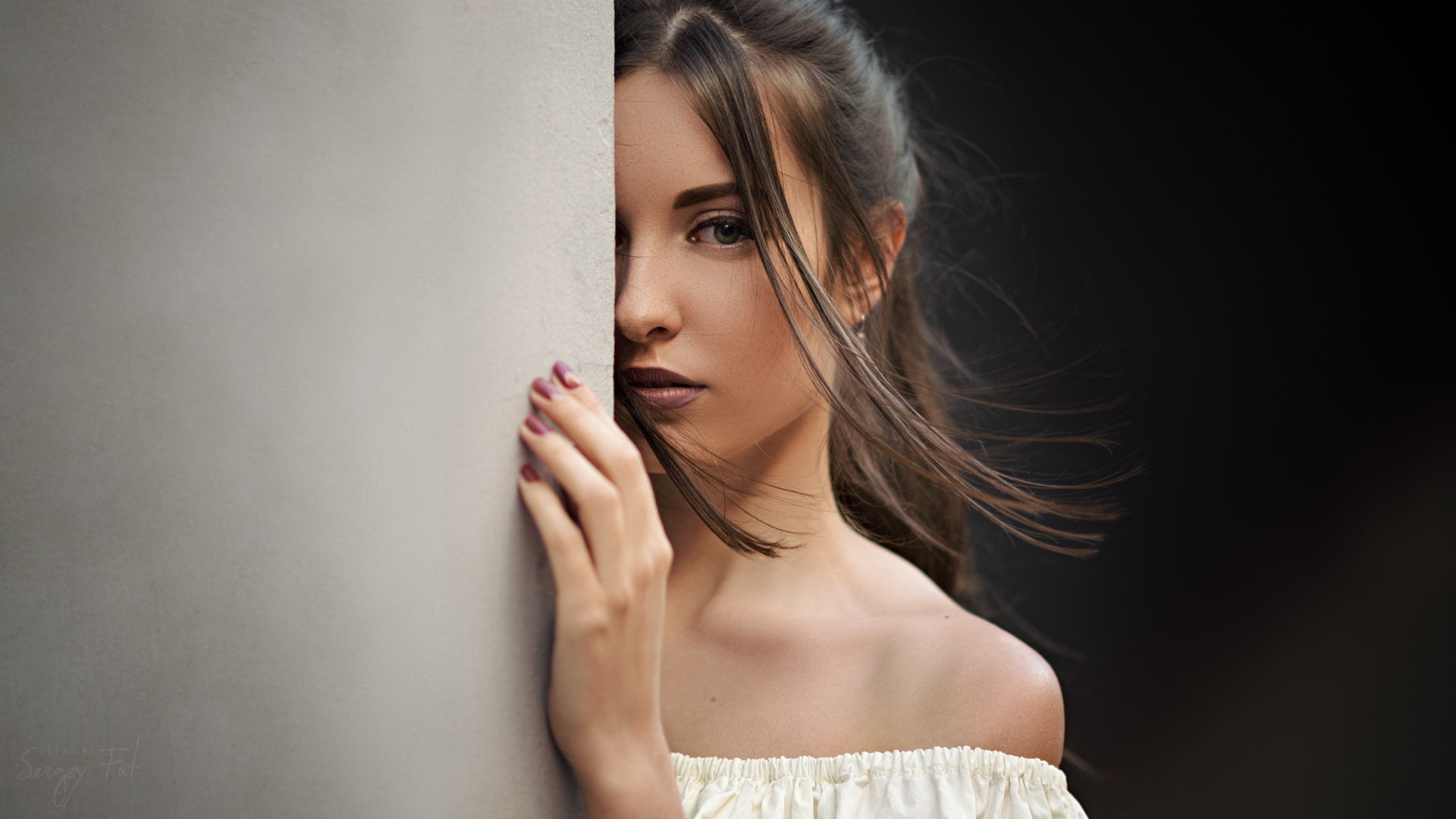 human hair, 1080P, fashion, brown hair, young adult, beautiful woman, Sergey Fat, adult, beautiful people, women, face, indoors, portrait, off shoulder, HD Wallpaper