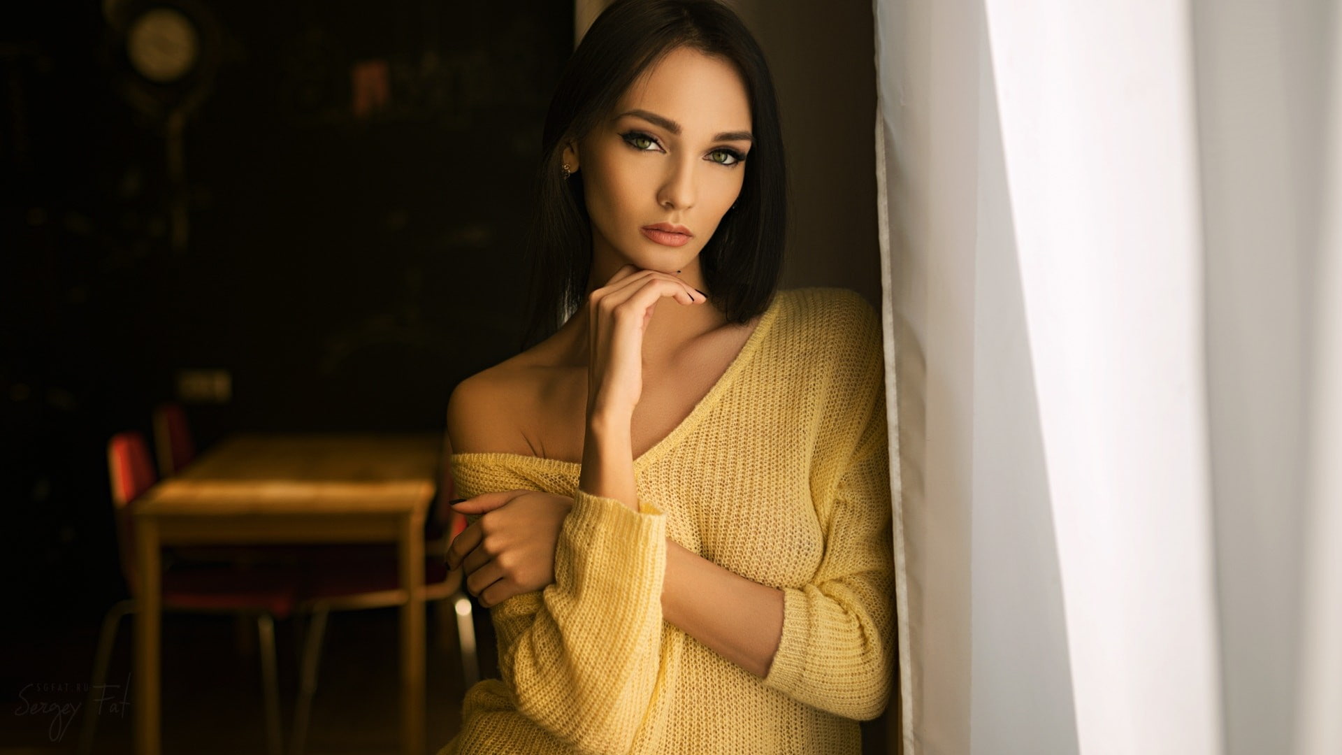 women, yellow sweater, 1080P, portrait, earring, sweater, Kseniya Alekseevskaya, Sergey Fat, yellow, HD Wallpaper
