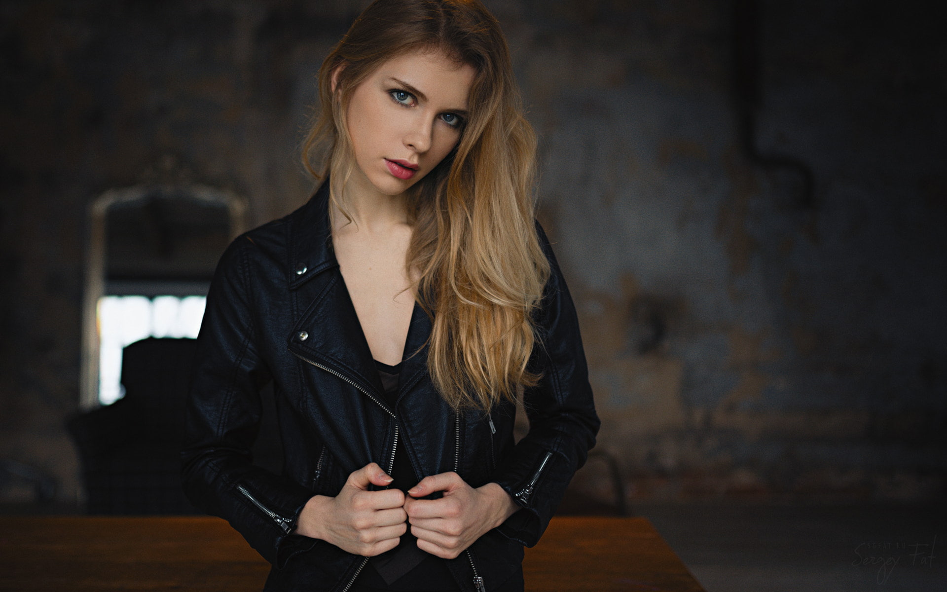 portrait, women, Elizaveta Podosetnikova, Sergey Fat, leather jackets, 1080P, blonde, HD Wallpaper