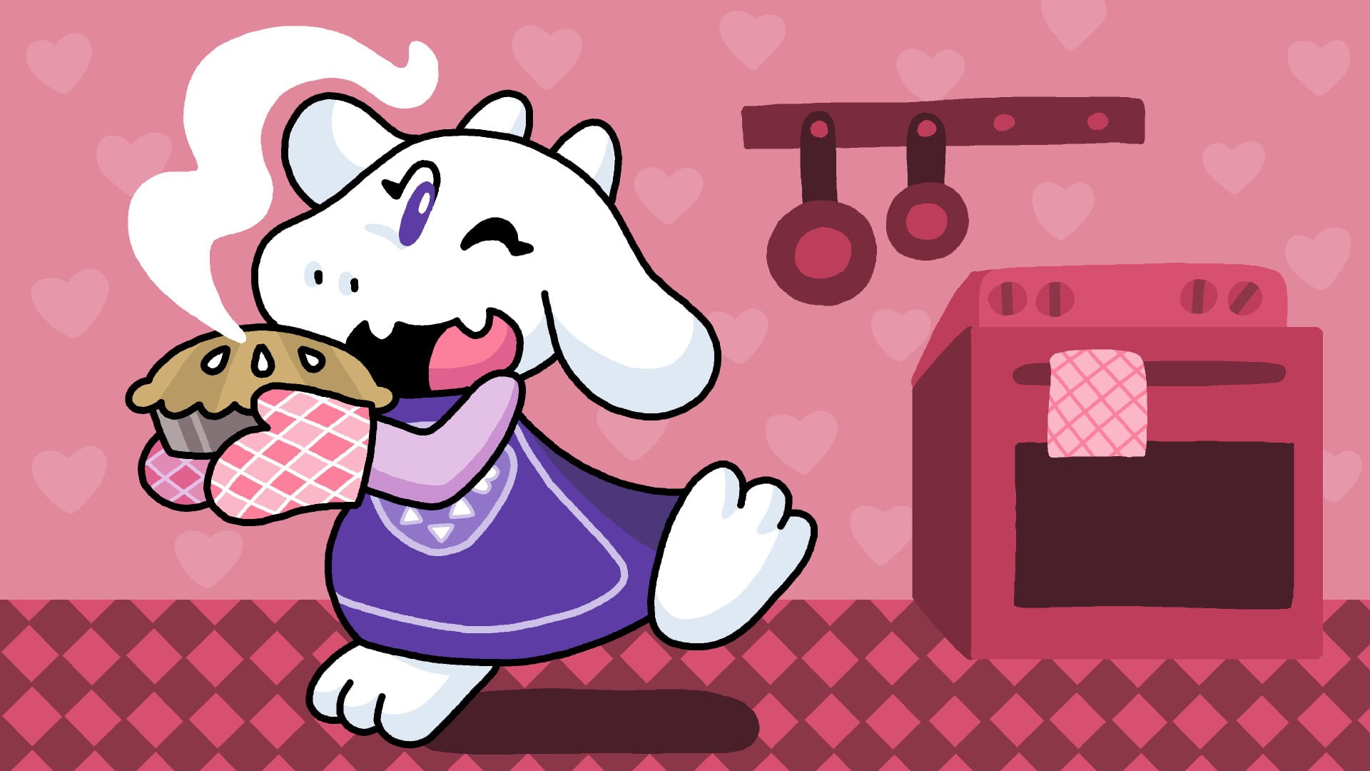 kitchen, 1080P, pies, people, night, cool attitude, cartoon, Undertale, winking, Toriel, purple, white, illustration, fashion, lifestyles, relaxation, HD Wallpaper