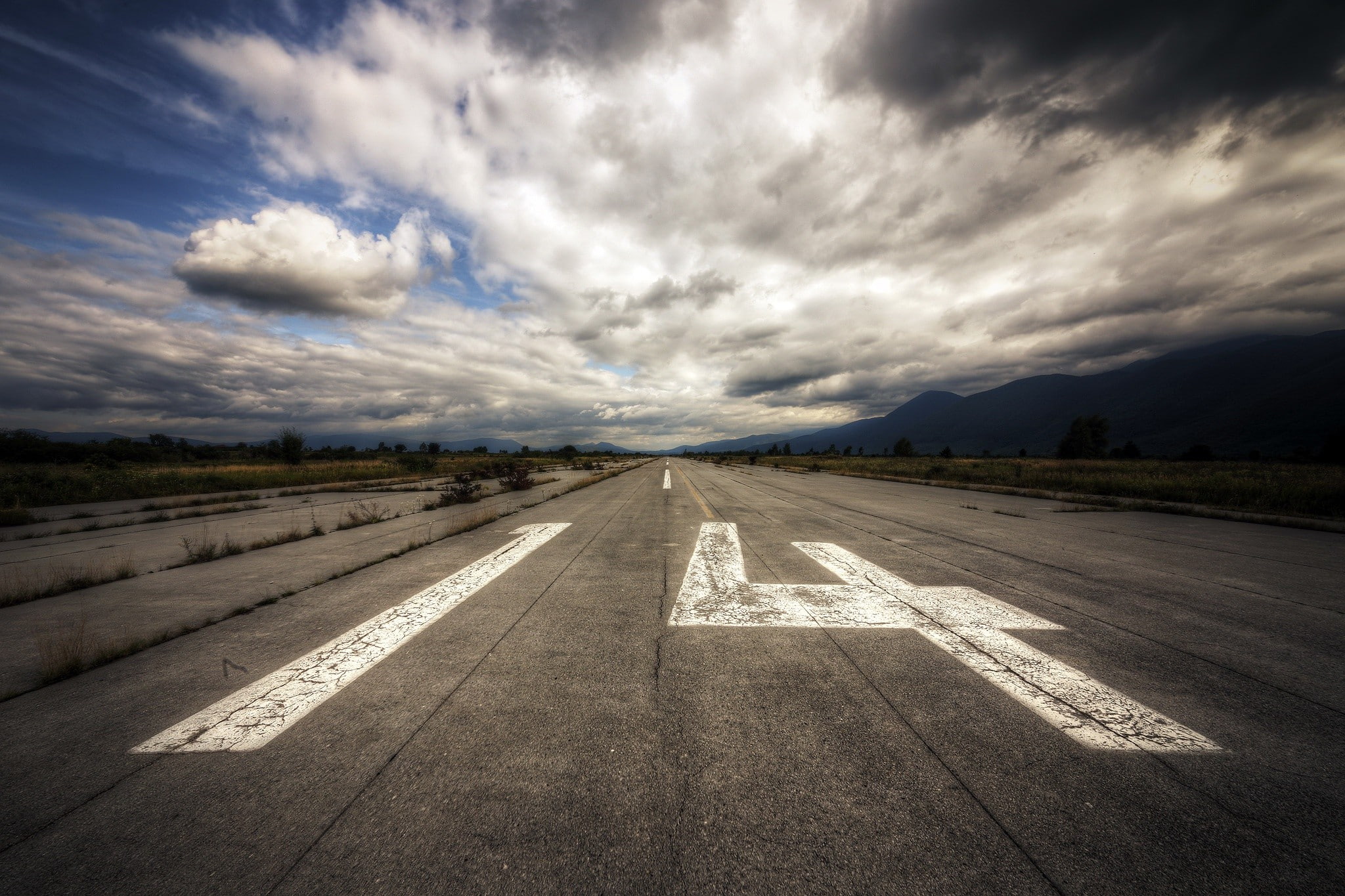 numbers, day, sign, sky, airport runway, the way forward, cloud - sky, no people, landscape, vanishing point, direction, road marking, road, outdoors, symbol, HD Wallpaper