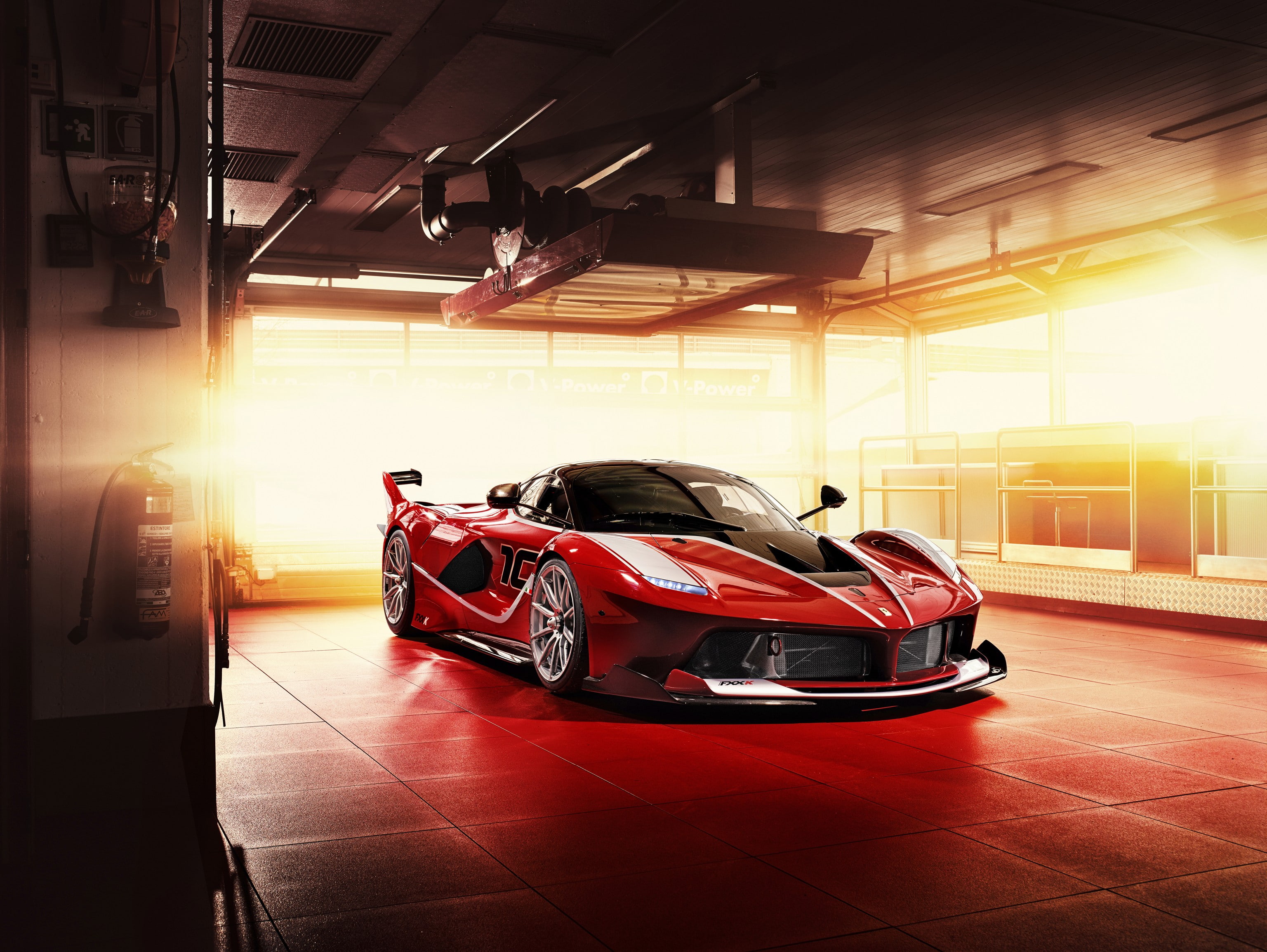 day, Ferrari FXX-K, land vehicle, sports car, Ferrari, luxury, indoors, travel, red, city, 2K, lens flare, transportation, car, architecture, sunlight, HD Wallpaper