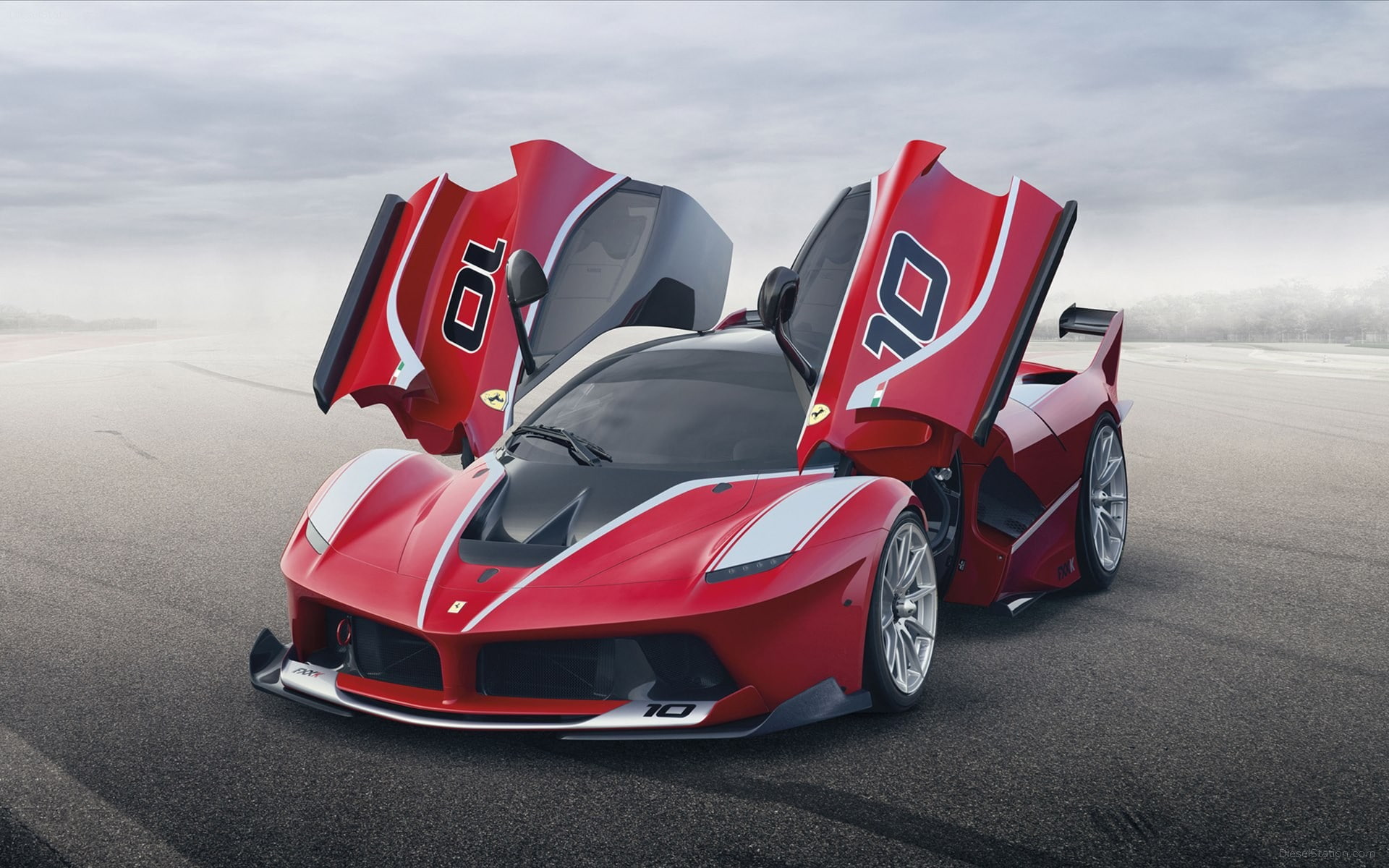 Ferrari FXX K, car, sky, winning, motion, outdoors, crash helmet, day, mode of transportation, 1080P, sports race, transportation, red, sports track, people, HD Wallpaper