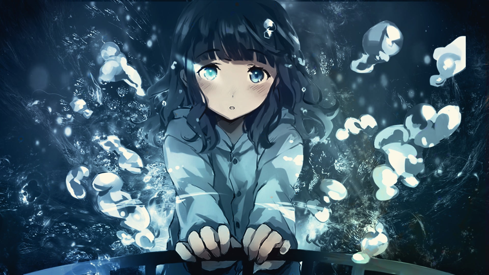 sea, blush, indoors, women, blushing, anime girls, real people, one person, 1080P, night, water, looking at camera, swimming, looking at viewer, school of fish, HD Wallpaper