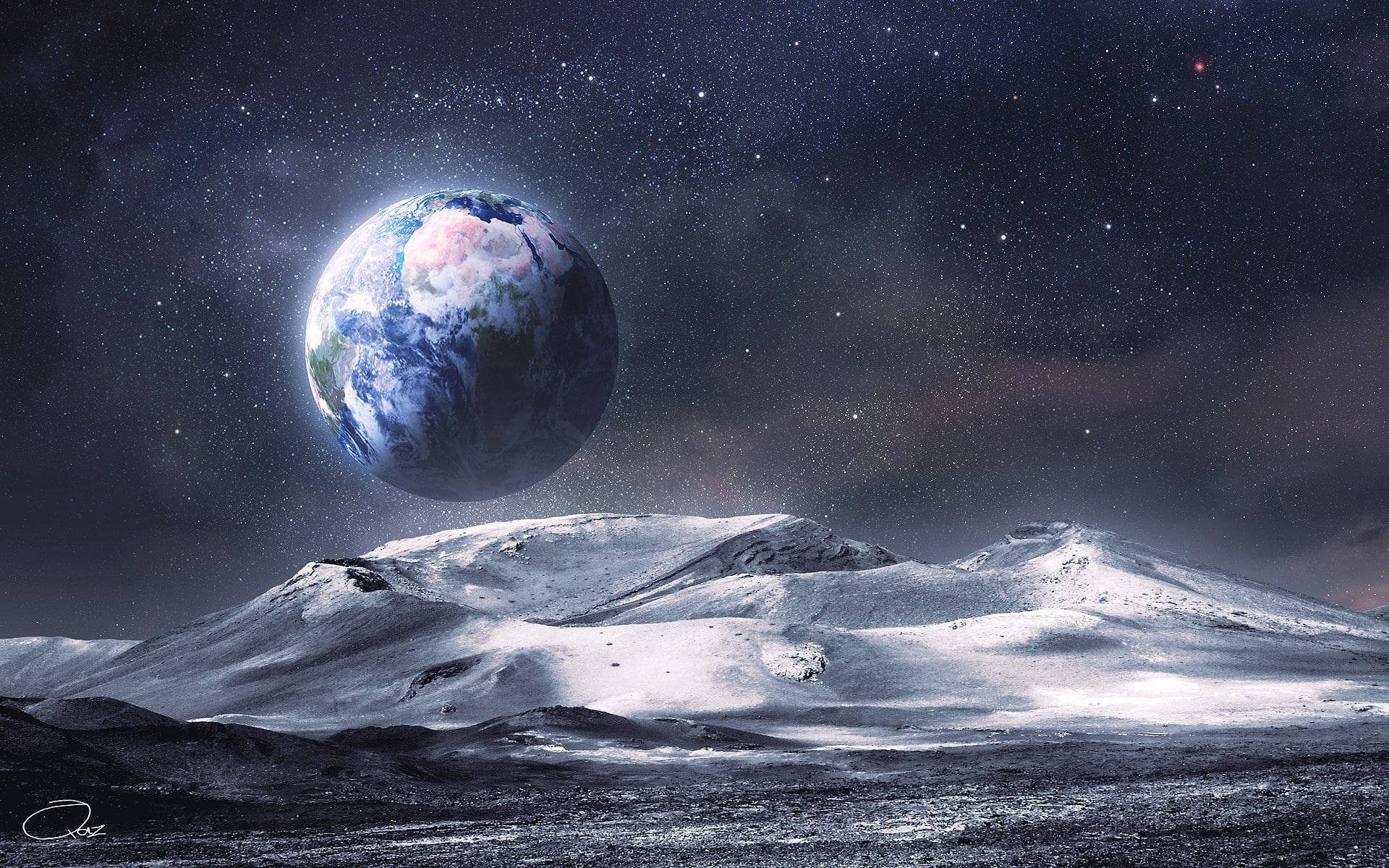 Earth, nature, 1080P, digital art, space, mountains, white, space art, stars, signatures, HD Wallpaper