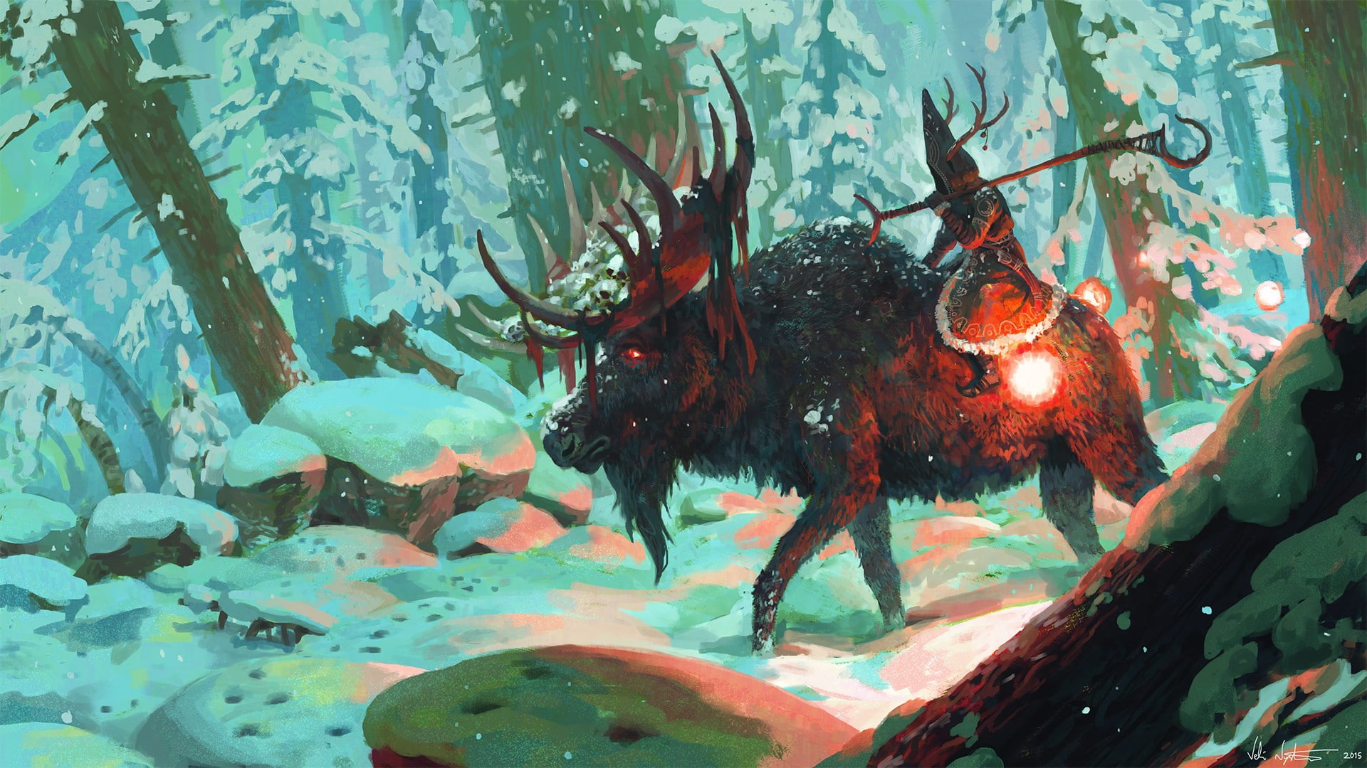 forest, animals, deer, creature, veli nyström, 1080P, horns, fantasy art, wizard, artwork, snow, signatures, HD Wallpaper