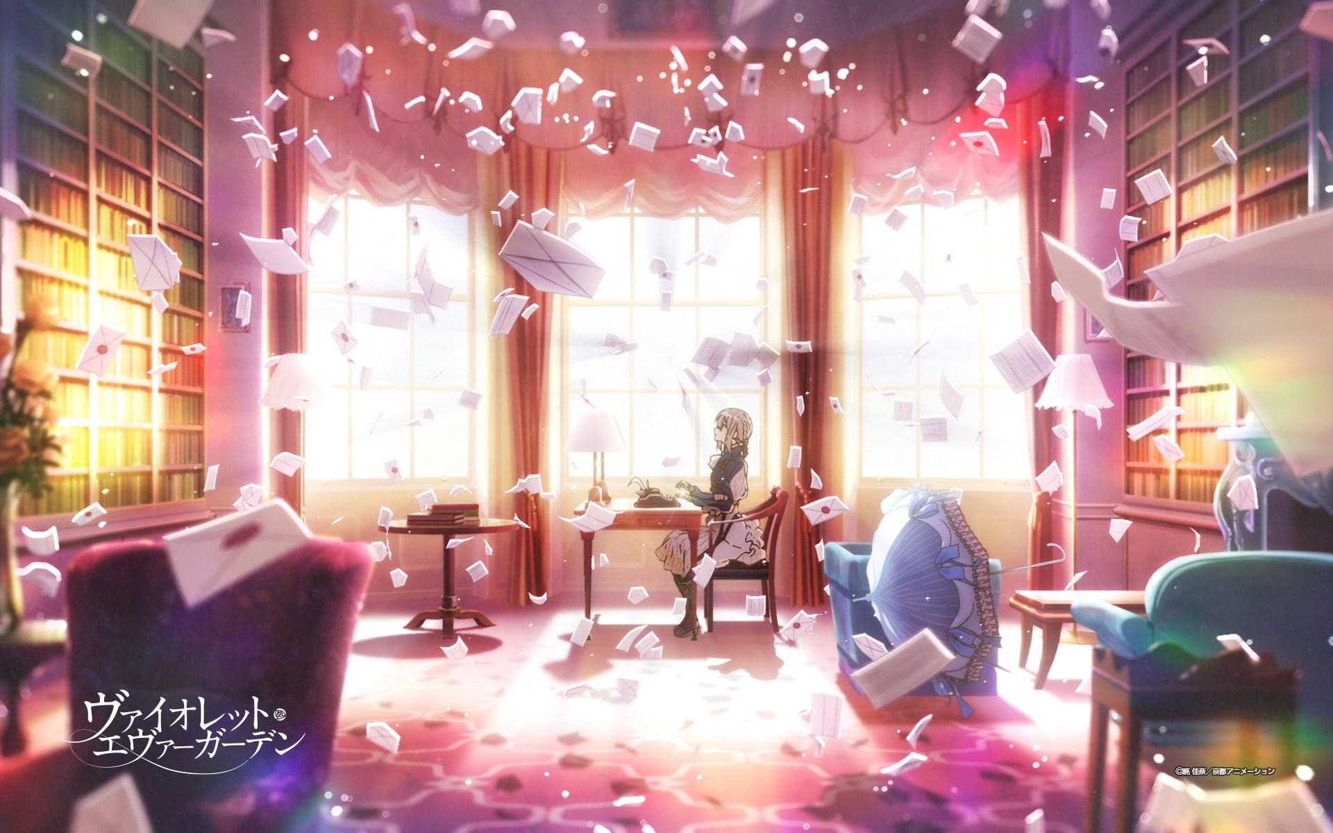 in the room, Akiko Takase, rays of light, 1080P, violet evergarden, table, letters, window, library, typewriter, chair, the maid, art, envelopes, books, HD Wallpaper
