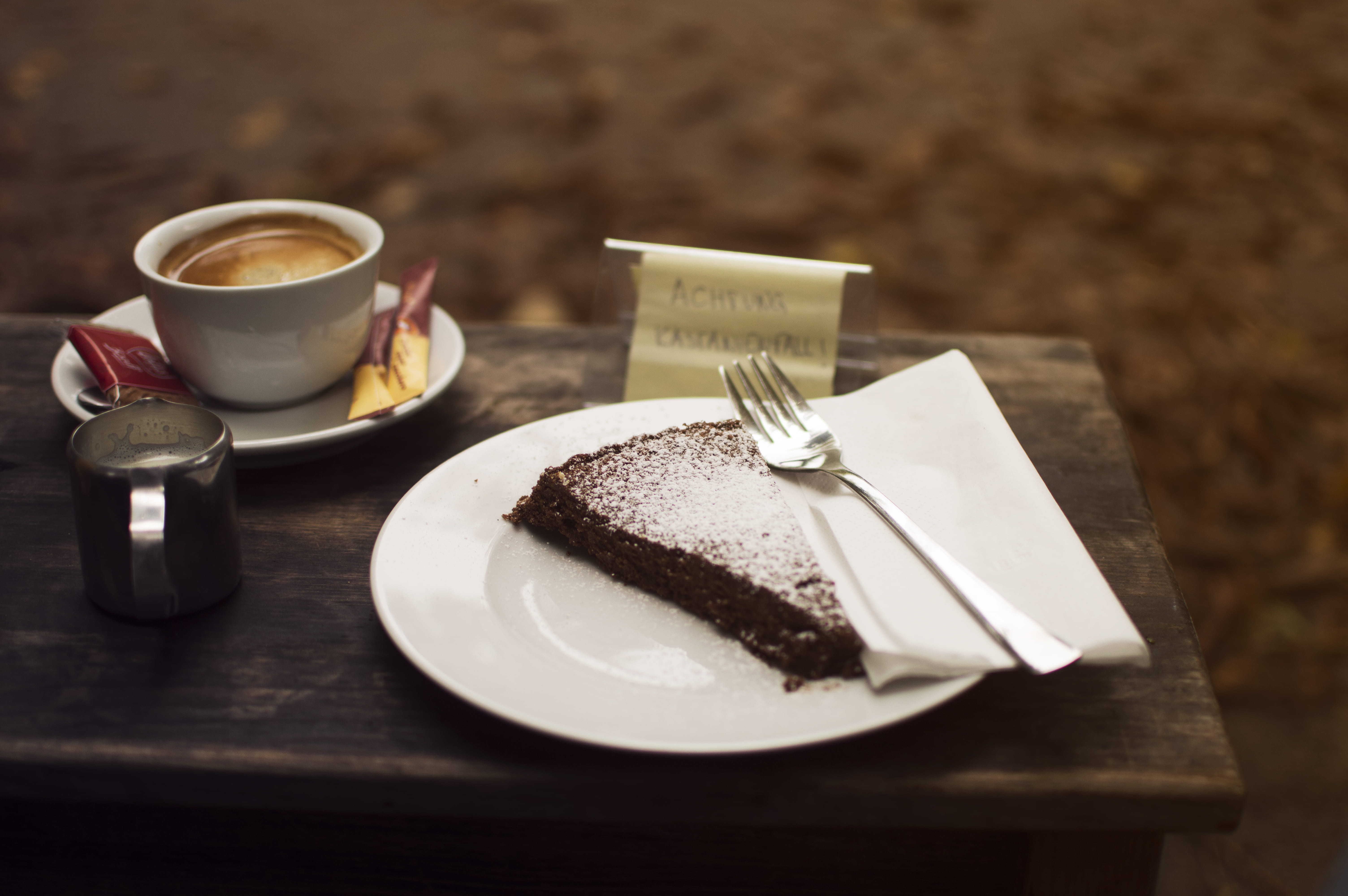 brown, hot drink, treat, serving, coffe, round, plate, cup, sliced, silver, bakery, fresh, air, food and drink, mug, board, freshness, fork, temptation, HD Wallpaper