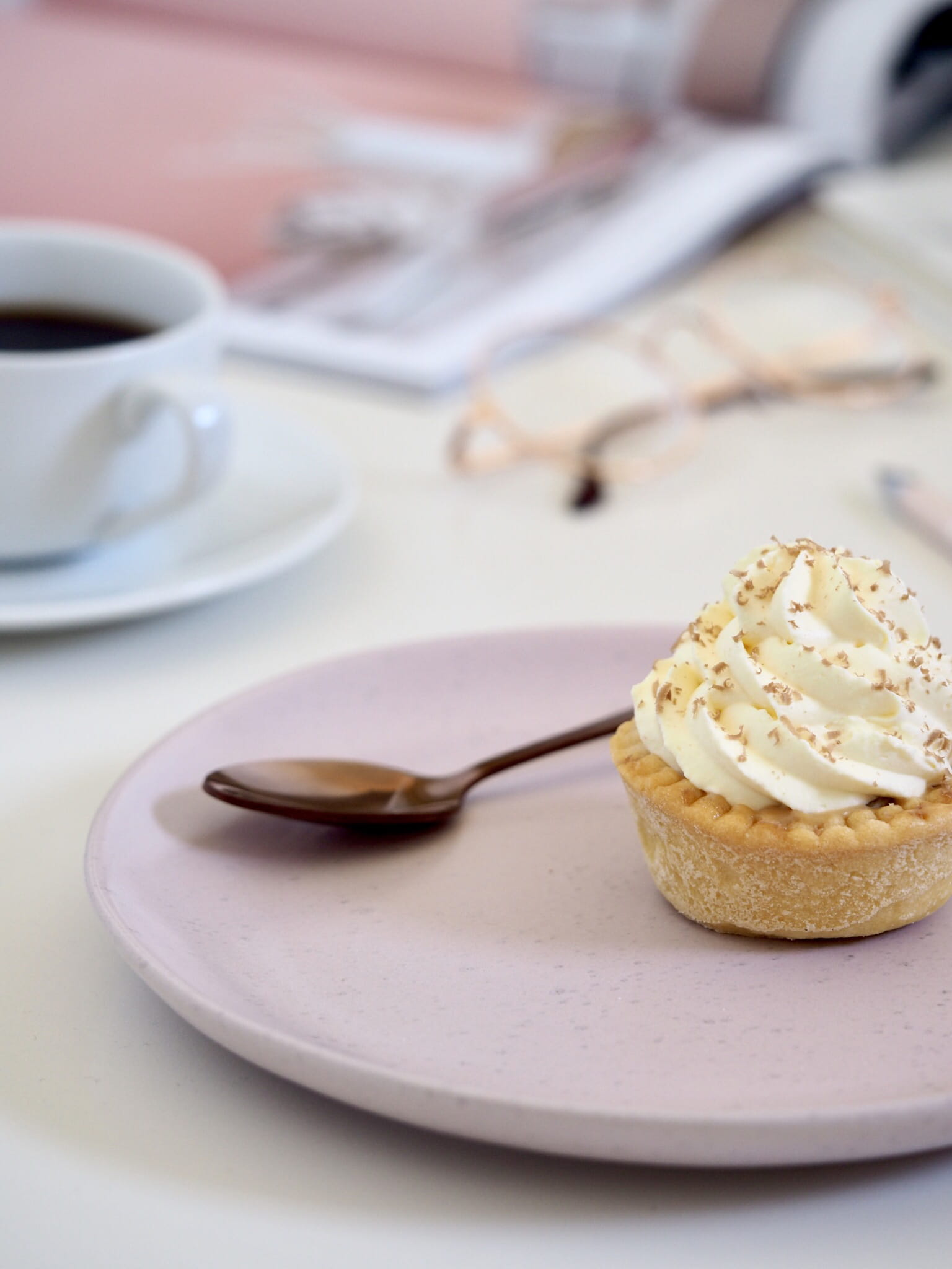 ceramic, kitchen utensil, australia, table, cream, plate, coffee cup, pink, 1080P, coffs harbour, pancake, cup, white, cupcake, focus on foreground, sweet, Phone HD Wallpaper
